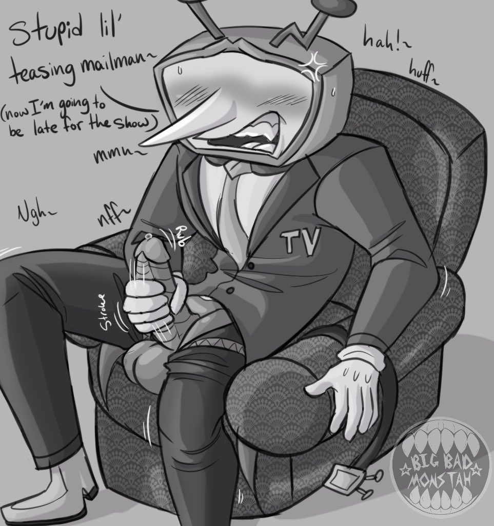 bigbadmonstah, blush, chair, deltarune, deltarune chapter 3, dialogue, gloves, irritated, masturbating, masturbation, moan, moaning, monochrome, sharp teeth, spamtenna, suit, suit and tie, sweat, tenna (deltarune), tv, tv head