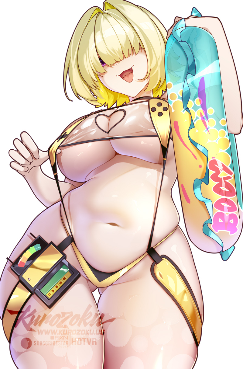 :3, 1girls, absurd res, blonde hair, breasts, cute fang, elegg (boom and shock) (nikke), elegg (nikke), female, female focus, female only, goddess of victory: nikke, hair intakes, hair over eyes, hi res, hotvr, large breasts, light skin, light-skinned female, purple eyes, solo, swimsuit, thick thighs, thighs, wide hips
