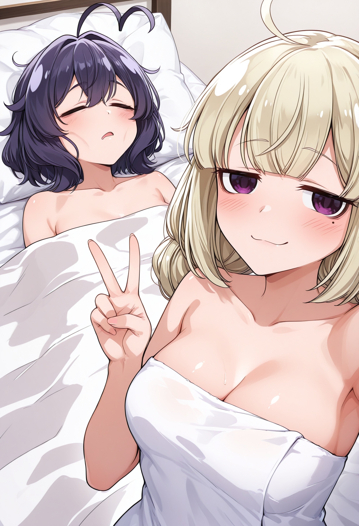 2girls, ahoge, araga kiwi, bed, bedroom, blonde hair, blush, closed eyes, female, hiiragi utena, implied after sex, lesbian, looking at viewer, looking pleasured, mahou shoujo ni akogarete, mole, mole under eye, notekaga, nude underneath, purple eyes, purple hair, purple-eyed female, smiling at viewer, teenage female, teenager, teenager on teenager, tired, victory sign, yuri