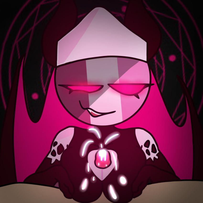 1boy, 1girls, boob window, breasts, cum on breasts, female, friday night funkin, gloves, male, male pov, mid-fight masses, paizuri, pov, pov eye contact, red sclera, sarvente (dokki.doodlez), smile, titjob