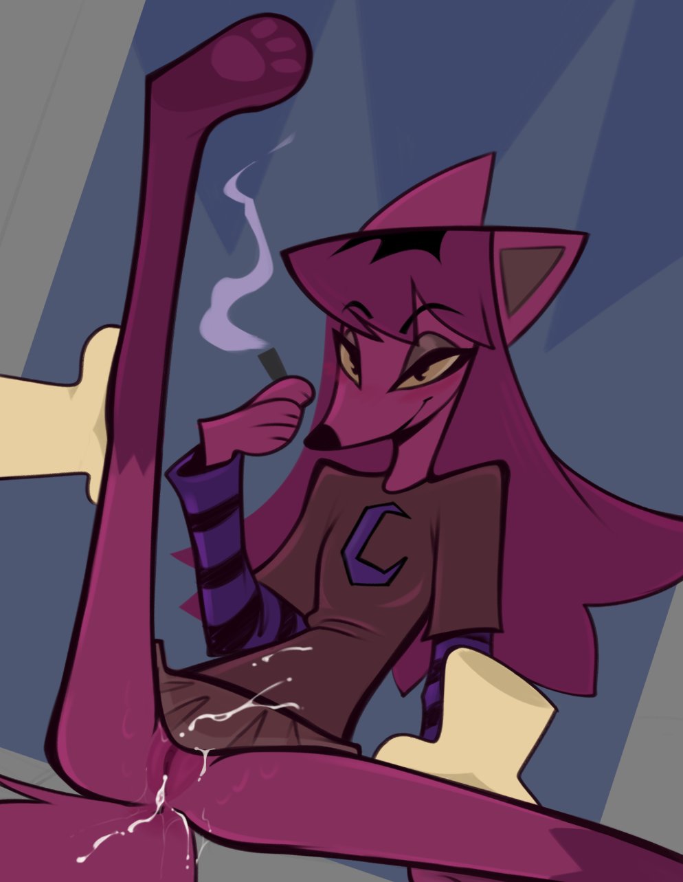 accurate art style, accurate body type, after sex, after vaginal, anthro, anus, barefoot, blush, brown shirt, canine, cigarette, cum, cum in pussy, disembodied hands, eyeliner, eyeshadow, female, fox, furry, lenyavok, long hair, long sleeves, magenta body, magenta fur, nepeta (wastelandia), no panties, on model, pawpads, paws, purple hair, pussy, short skirt, skirt, smile, smoking, spread legs, striped sleeves, t-shirt, tail, wastelandia