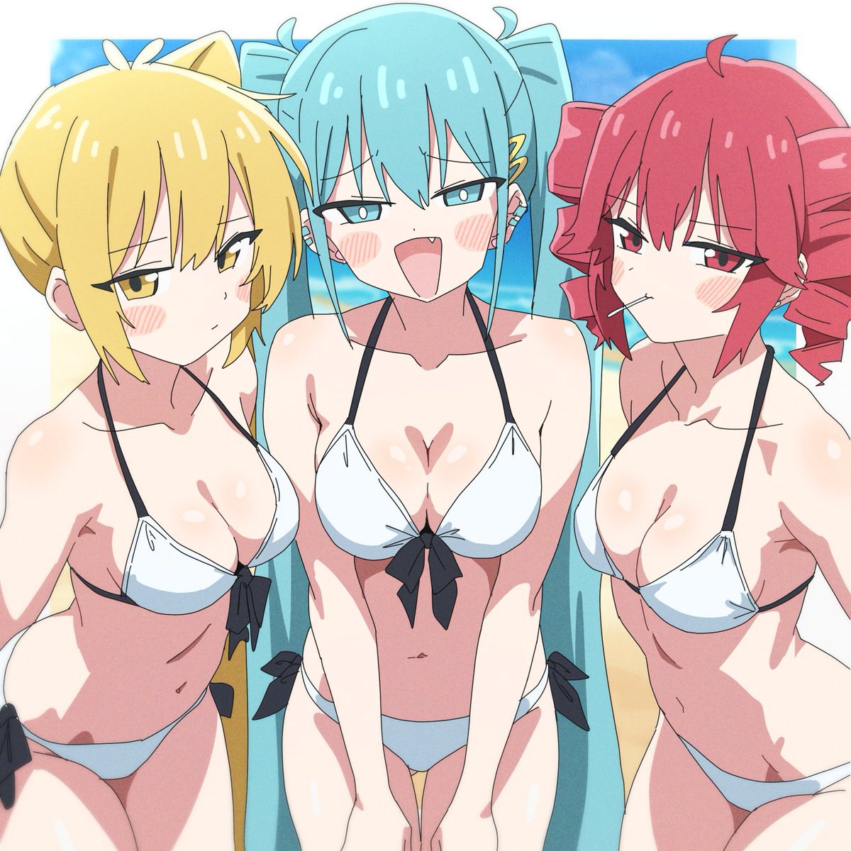 :d, 3girls, ahoge, akita neru, aqua eyes, aqua hair, bangs, beach, bikini, blonde hair, blue eyes, blue hair, blush, blush stickers, border, breasts, candy, cleavage, collarbone, cowboy shot, day, drill hair, fang, fanloid, female, female only, food, front-tie top, hair ornament, hairclip, half-closed eyes, halterneck, hatsune miku, jitome, kasane teto, leaning forward, lollipop, long hair, looking at viewer, medium breasts, mouth hold, multiple girls, navel, ocean, open mouth, outdoors, red eyes, red hair, short hair, side ponytail, side-tie bikini bottom, sky, smile, swimsuit, thigh gap, trio, trio female, trio focus, triple baka (vocaloid), twin drills, twintails, utau, very long hair, vocaloid, white bikini, yellow eyes, yellow hair