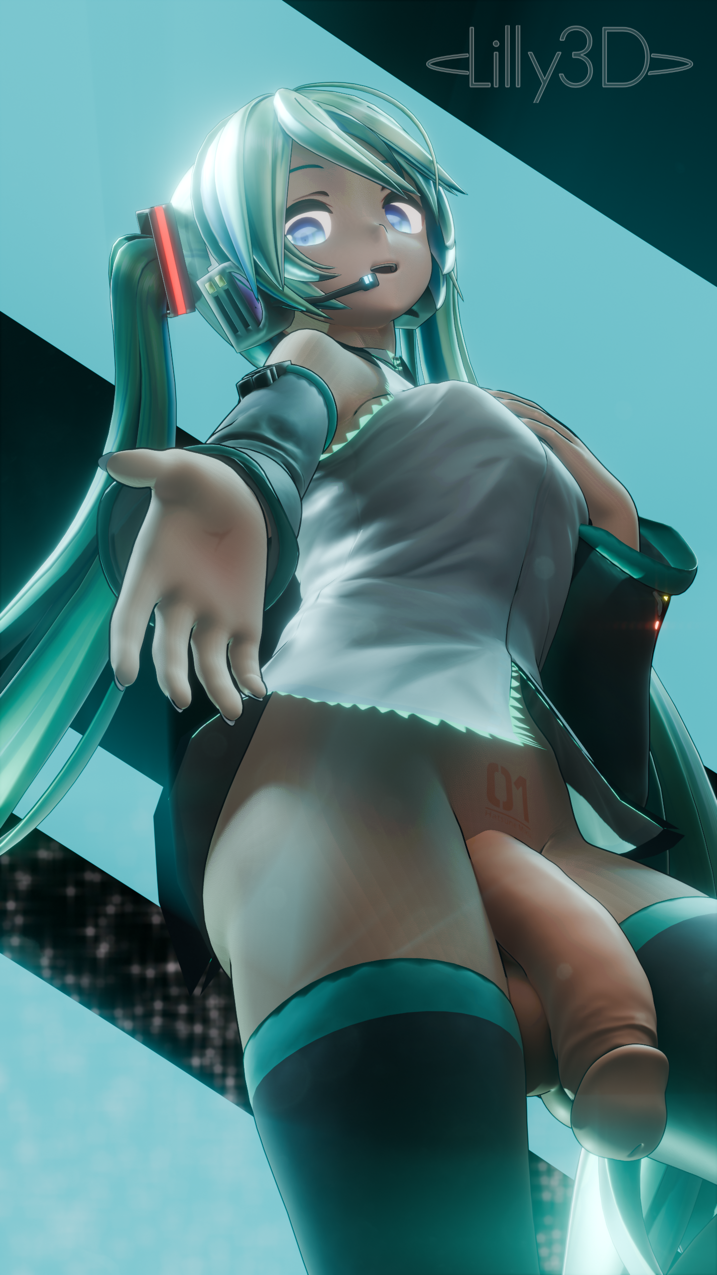 1futa, 1girl, 3d, anime girl, aqua hair, balls, big balls, blender, blender (software), blue eyes, blurred background, bottomless, breasts, bright, bright colors, bright light, bright pupils, coloured hair, detached sleeves, exposed penis, female, from below, futa only, futanari, glowing eyes, green hair, hand on own chest, hand towards viewer, hatsune miku, headphones, headset, humanoid, humanoid genitalia, intersex, lilly 3d, long hair, looking at viewer, necktie, open mouth, penis, ponytails, skirt, small breasts, solo, testicles, thighhighs, twintails, uncensored, very long hair, vocaloid