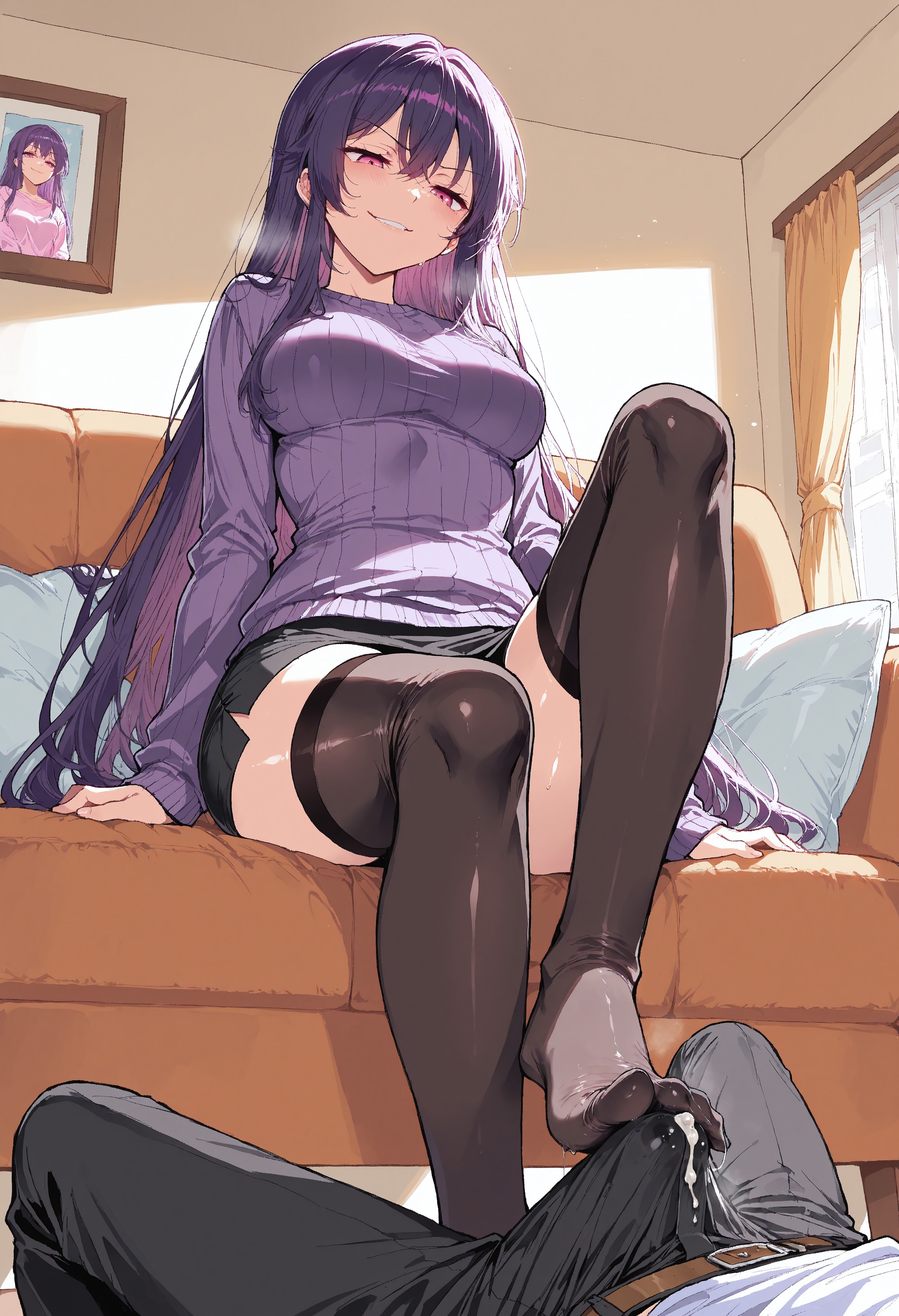 ai generated, big breasts, cum, cum in clothes, cum on clothes, elkazama yumi, female, femdom, footjob, large breasts, outercourse, premature ejaculation, small penis, smirk, teasing, thighhighs, watery cum, yuri kawana
