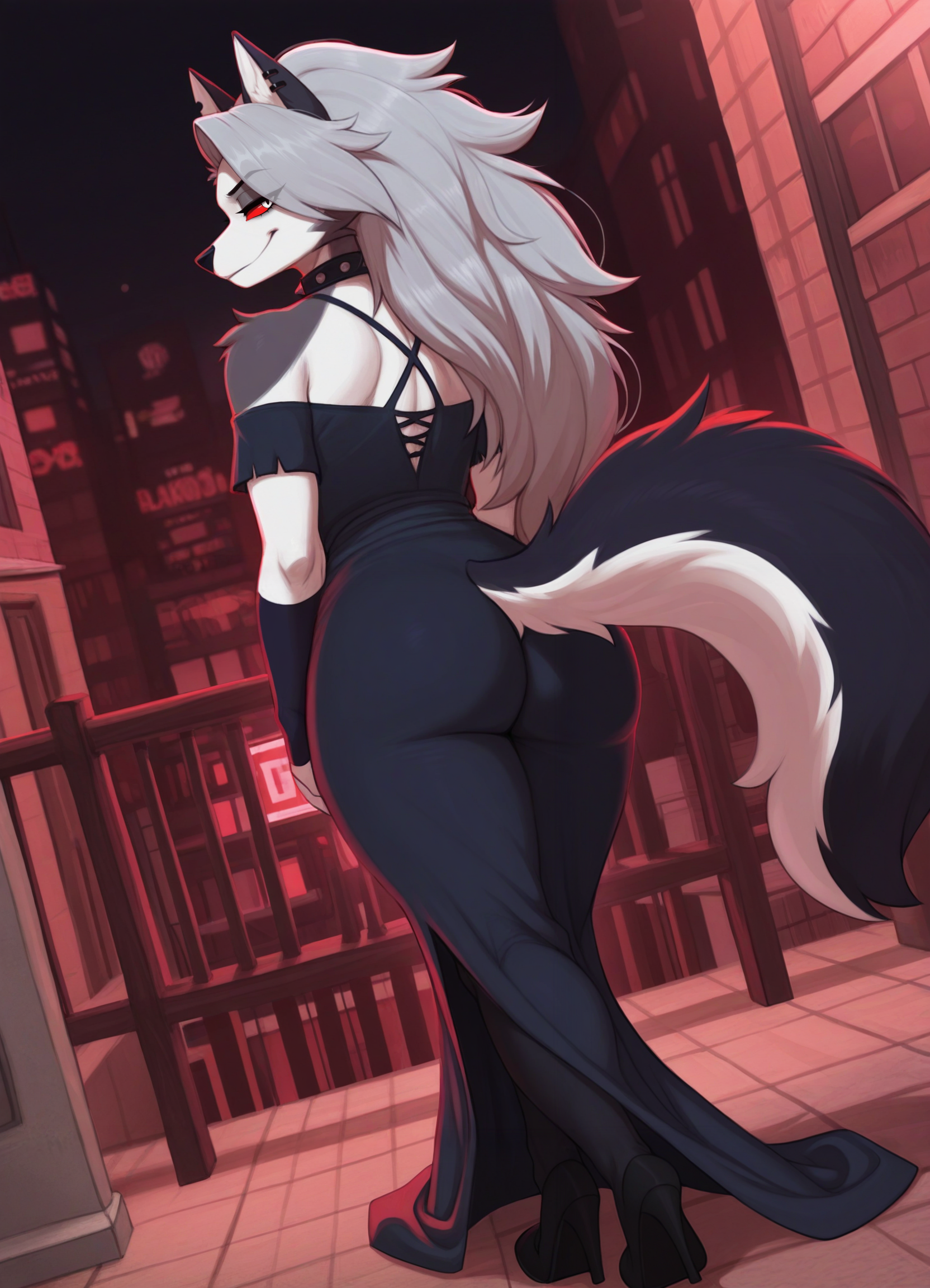 ai generated, anthro, ass, canid, canid demon, canine, canis, clothed, clothing, collar, demon, dress, female, fingerless gloves, footwear, gloves, handwear, hellhound, helluva boss, hi res, high heels, legwear, looking at viewer, looking back, loona (helluva boss), mammal, night, off shoulder, outside, rear view, smile, solo, tail, walking, wolf