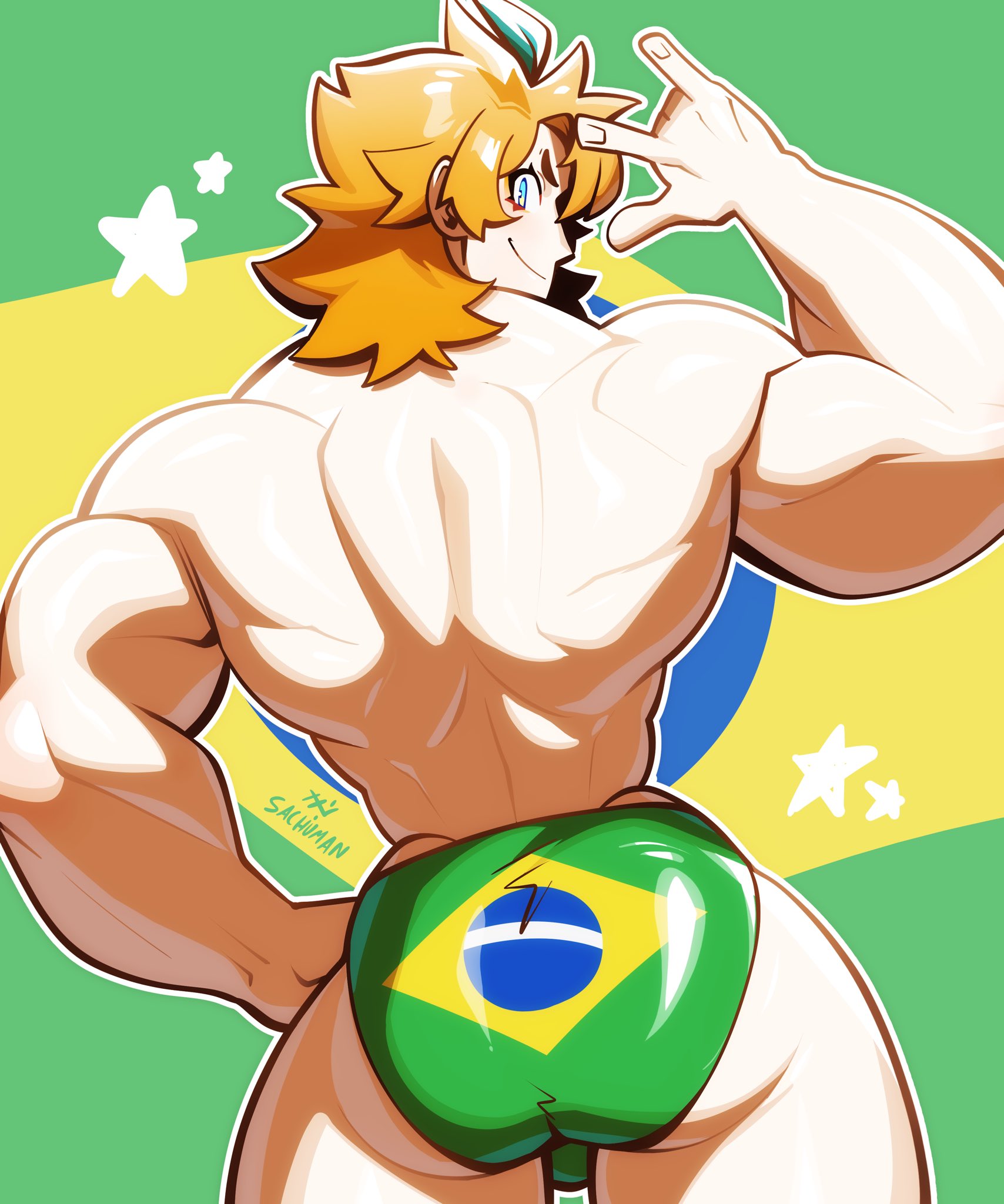 1boy, artist name, ass, back, bara, brazilian flag, gay, gay male, male, male focus, male only, muscular, muscular arms, sachuman, solo, solo male, standing, star (symbol), topless, underwear, yaoi