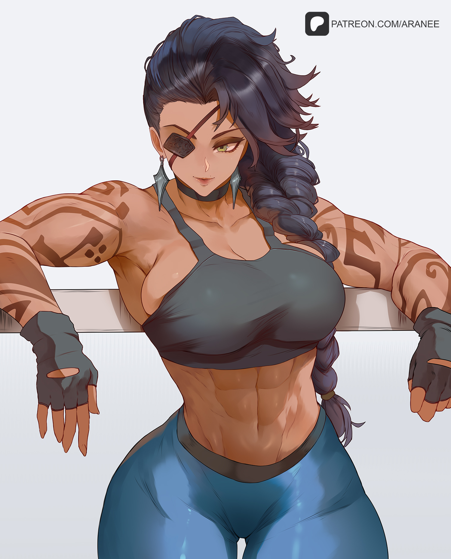 1girls, abs, against wall, araneesama, arm tattoo, big breasts, black eyeshadow, black hair, black sports bra, blue pants, breasts, choker, dark skin, dark-skinned female, drop earrings, earrings, eyepatch, eyeshadow, female, fingerless gloves, gloves, green eyes, hair over shoulder, hourglass figure, large breasts, league of legends, long hair, makeup, midriff, muscular, muscular female, narrow waist, paid reward available, samira (league of legends), sideboob, single braid, solo, spandex, sports bra, tattoo, tattooed arms, thick thighs, tribal tattoo, white background, wide hips