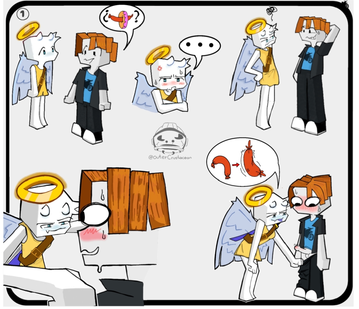 1boy, 1girls, anal, anal invitation, anal suggest, angel, angel wings, bacon hair, blush, comic, cute fang, dress, erection, female, halo, horns, male, outer crustacean, outercrustacean, pulling down pants, ribs (youtuber), roblox, white background, white skin, yellow dress