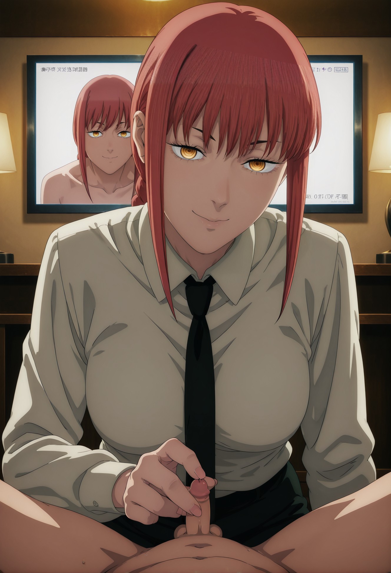 ai generated, big breasts, chainsaw man, clothed, clothed female nude male, dominant female, female on top, femdom, looking at viewer, makima (chainsaw man), male pov, masturbation, miaau, pov, red hair, small penis, small penis humiliation, smile, touching penis, yellow eyes
