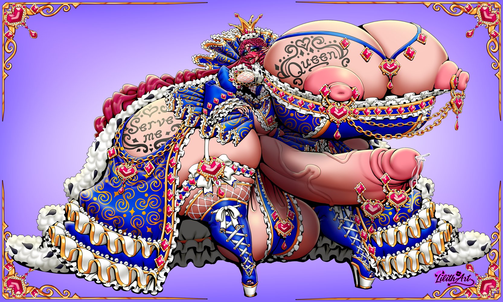 1futa, annabella creamheart, areolae, balls, bimbo, bimbo lips, breasts, crown, dress, futa only, futanari, high heels, huge ass, huge balls, huge breasts, huge cock, hyper, hyper ass, hyper balls, hyper breasts, hyper penis, intersex, jewelry, lilith art, long hair, looking at viewer, makeup, nipple piercing, nipples, original, original character, penis, penis piercing, queen, royalty, skimpy, smile, solo, tattoo, thick lips, thick thighs, tongue out, wide hips