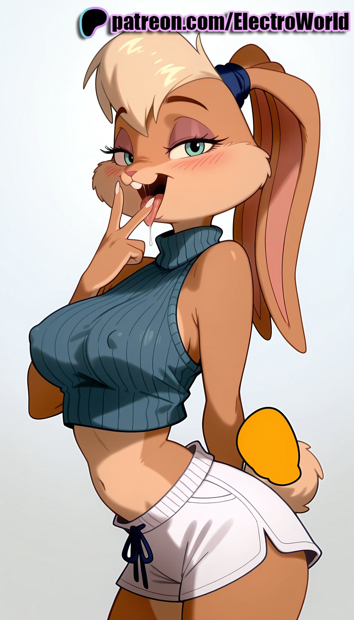 1girls, 2025, ai generated, artist name, average breasts, bare shoulders, blush, breasts, bust, chest, covered nipples, crop top, electroworld, female, furry, furry female, gradient, gradient background, hi res, high quality, high resolution, highres, licking, lola bunny, long hair, looney tunes, medium breasts, midriff, navel, normal breasts, patreon, patreon username, ribbed sweater, sleeveless, solo, space jam, stable diffusion, sweater, tail, tongue, tongue out, turtleneck, watermark
