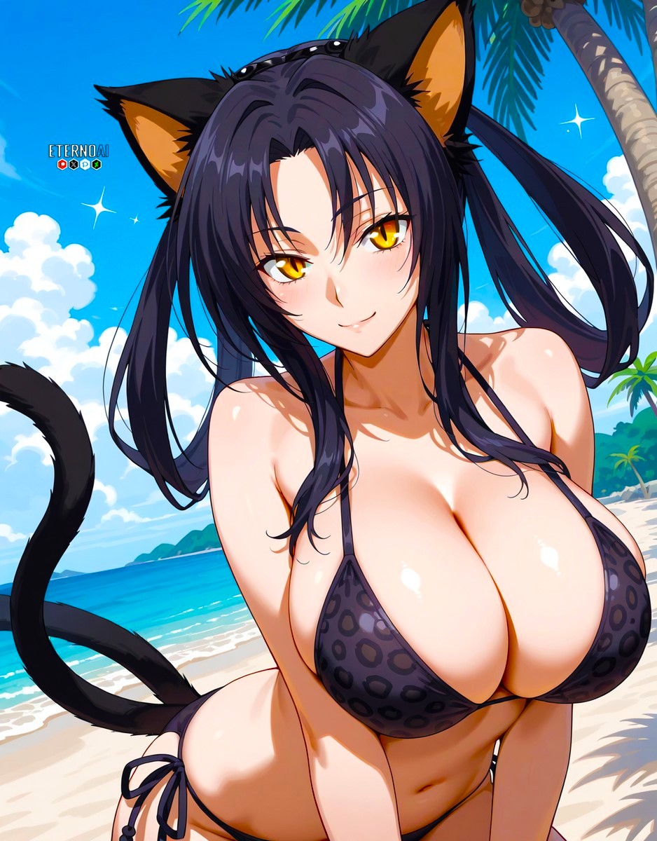 1girls, ai generated, anime, anime girl, anime style, beach, beautiful background, beautiful females, belly button, black swimsuit, breasts, busty female, cat ears, cat eyes, cat tail, collarbone, curvy, eternoai, female, female focus, female only, high school dxd, hot, huge breasts, kuroka (high school dxd), large breasts, leopard print bikini, light-skinned female, palm tree, sexy, solo, summer, voluptuous female, yellow-eyed female