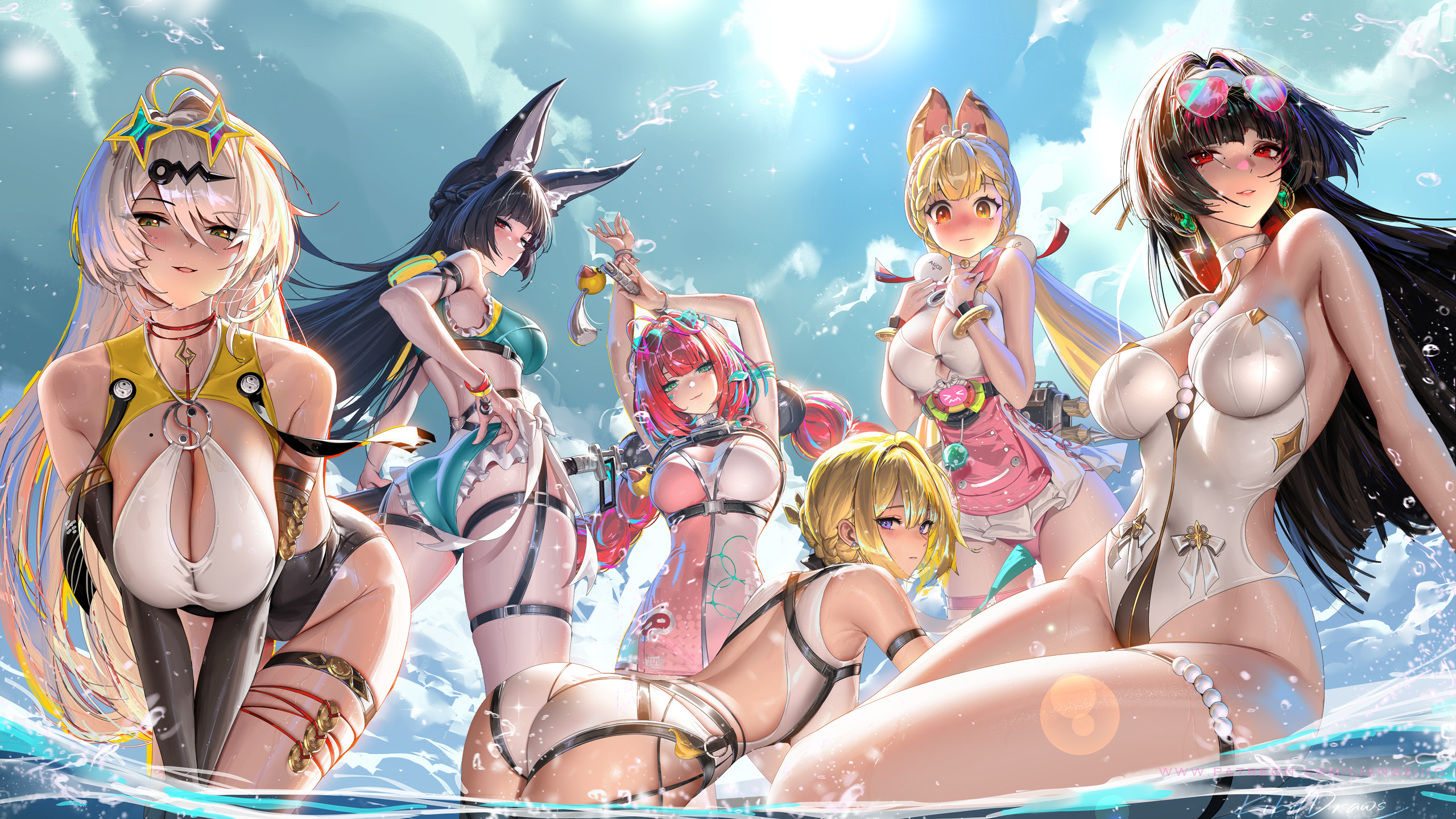 6+girls, adapted costume, alice thymefield, alice thymefield (sea of thyme), alternate costume, animal ears, arm rest, arm strap, armpit crease, armpits, arms up, artist name, ass, astra yao, bare shoulders, bikini, black gloves, black hair, blonde hair, blue sky, blush, bracelet, braid, breasts, cleavage, closed mouth, cloud, commentary, cup, day, dress swimsuit, drinking glass, drinking straw, dutch angle, earrings, elbow gloves, english commentary, evelyn chevalier, female, fingerless gloves, floating hair, from behind, from below, gloves, green bikini, green eyes, hair between eyes, heart, heart-shaped eyewear, heterochromia, highleg, highleg one-piece swimsuit, highres, holding, hoshimi miyabi, huge breasts, jewelry, kamanosuke (zenless zone zero), large breasts, leaning forward, lens flare, liang xing, long hair, looking at viewer, looking back, looking down, low twintails, mole, mole on chest, multiple females, multiple girls, official alternate costume, one-piece swimsuit, open mouth, outdoors, parted lips, partially submerged, patreon username, pool, purple eyes, rabbit ears, rabbit girl, raccoon, red eyes, red hair, sitting, sky, smile, standing, sunglasses, sunlight, swimsuit, tailless (zenless zone zero), teeth, thigh strap, thighs, twintails, ukinami yuzuha, ukinami yuzuha (tanuki in broad daylight), umbrella, very long hair, water, weapon, wet, white one-piece swimsuit, yellow eyes, yixuan (zenless zone zero), zenless zone zero