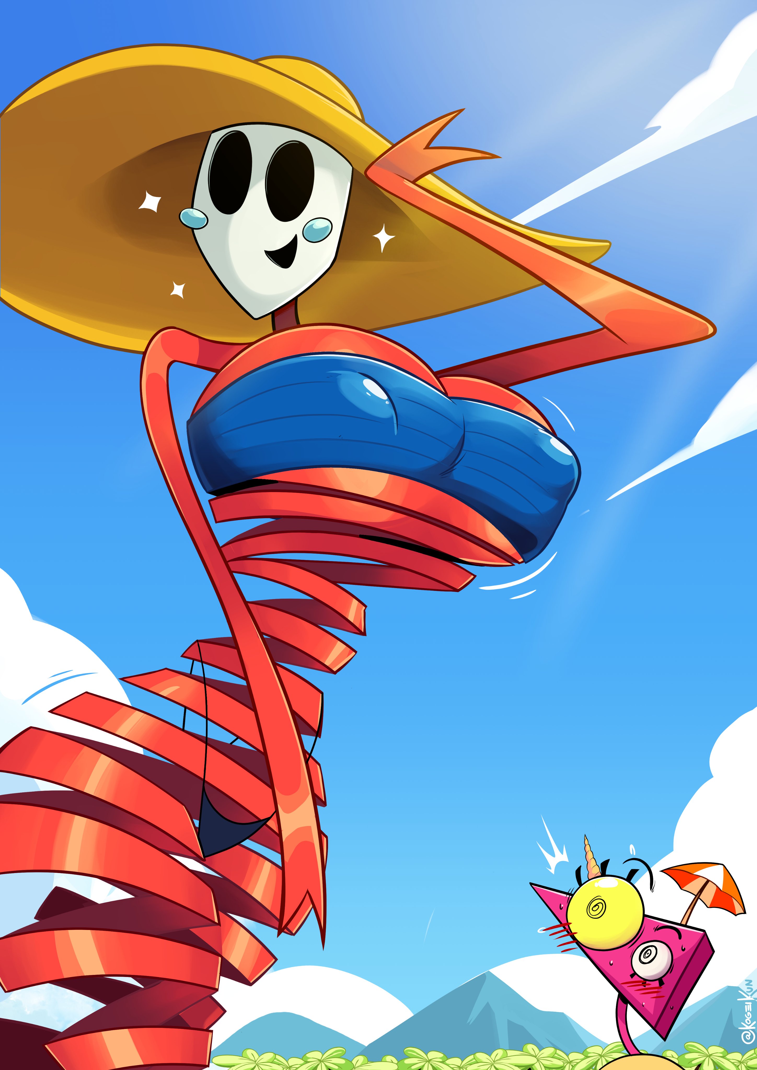2girls, bikini, blush, breasts, female, female focus, female only, gangle (the amazing digital circus), glitch productions, hat, huge breasts, kogeikun, looking at viewer, open mouth, open smile, string bikini, sun hat, surprised, the amazing digital circus, zooble (the amazing digital circus)