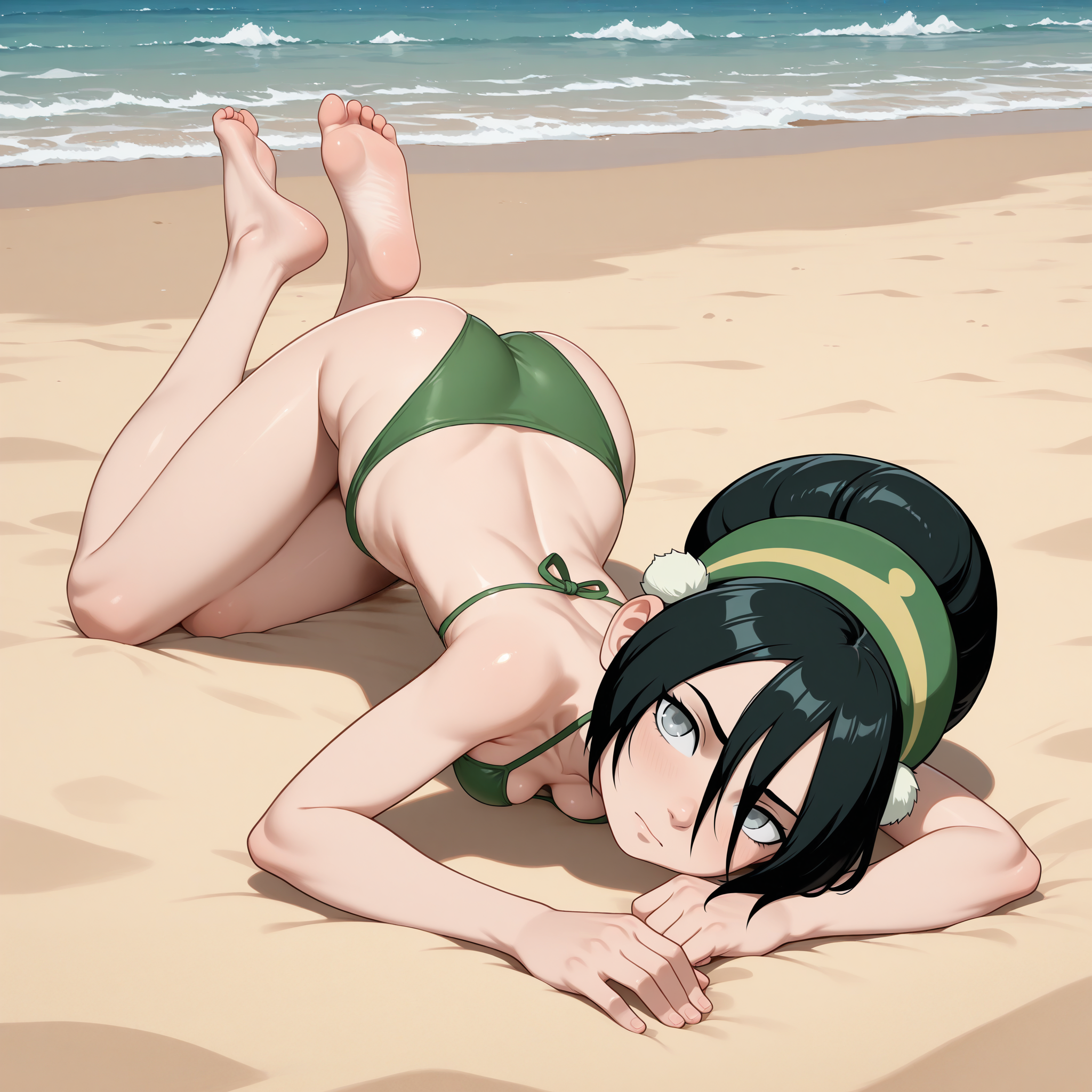 1girls, ai generated, ass, avatar the last airbender, bare feet, beach, bikini, blind, blush, cleavage, feet, female, female only, green bikini, grey eyes, lying down, ocean, solo, toph bei fong