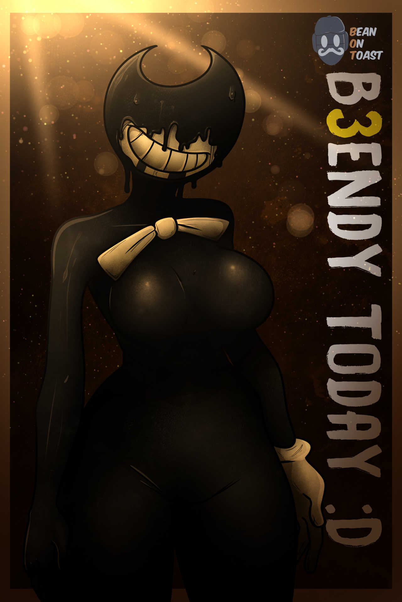2025, 2d, 2d (artwork), 2d artwork, artist logo, artist name, beanontoast, bendy, bendy and the ink machine, bendy fem, big breasts, black body, bowtie, breasts, covered eyes, demon, demon girl, female, genderbend, genderswap, genderswap (mtf), gloves, horns, ink, ink demon, no nipples, smile, smiley face, smiling, thick thighs, thighs, white gloves