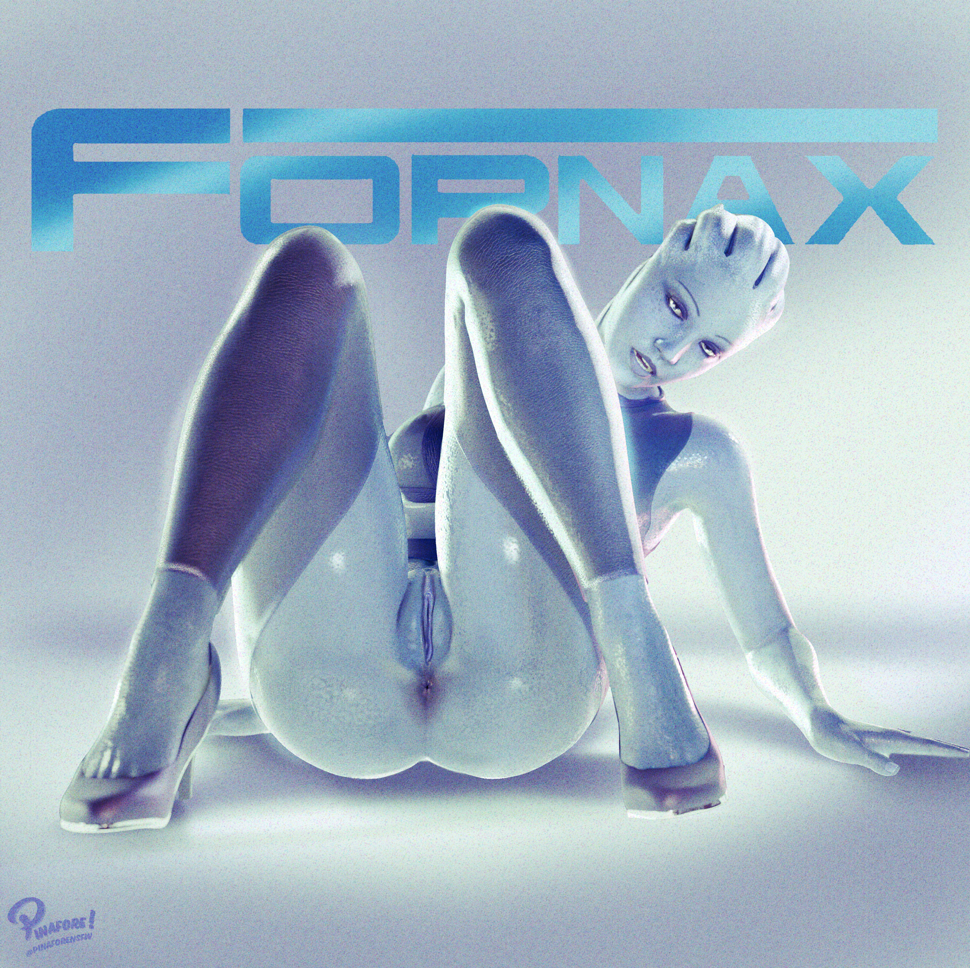 3d, 3d (artwork), 3d render, 3dcg, alien, alien girl, asari, asshole, blue skin, bottomless, bra, clothed, clothed female, eye contact, female, female only, fornax, high heels, liara t'soni, lingerie, mass effect, pinafore (artist), pose, posing, posing for picture, pussy, sci-fi, seductive, seductive look, solo, solo female, stockings