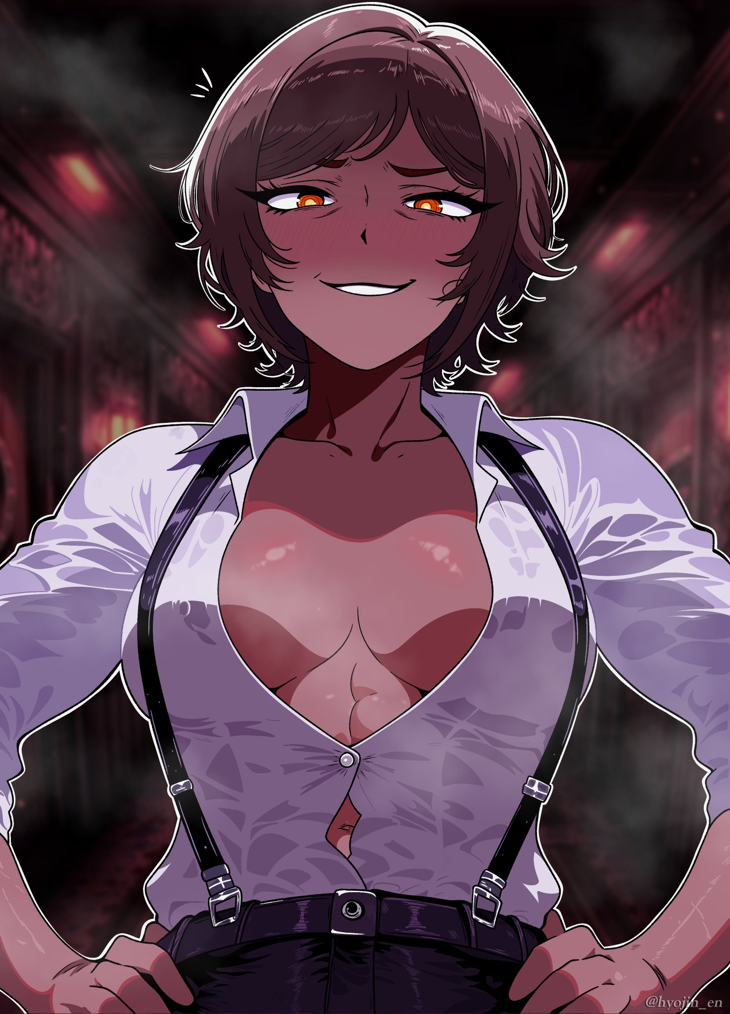 1girls, abs, abs peek, collared shirt, female, female only, hands on waist, hyojin en, limbus company, looking at viewer, low-angle view, no bra, no bra under clothes, open shirt, outis (limbus company), project moon, rolled up sleeves, short hair, suspenders, tagme