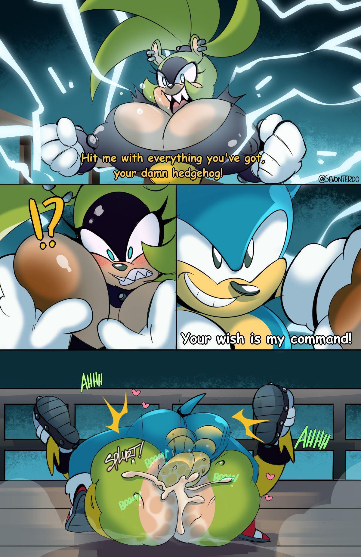 1boy, 1girls, anthro, anthro on anthro, anthro penetrated, anthro penetrating anthro, balls, big breasts, black crop top, blue fur, blush, breast grab, breasts, cleavage, clothing, crop top, cum, cum in pussy, dialogue, duo, ear piercing, ejaculation, electricity, enormous breasts, female, fur, furry, furry female, furry male, furry only, genitals, gloves, green fur, heart, hedgehog, huge breasts, instant loss 2koma, interspecies, large breasts, male, male/female, mammal, mating press, open mouth, penis, penis in pussy, pussy, sega, sevonteroo, sex, shoes, smiling, sonic (series), sonic the hedgehog, sonic the hedgehog (series), straight, straight sex, surge the tenrec, surprised, surprised expression, surprised face, tail, tenrec, text, white gloves