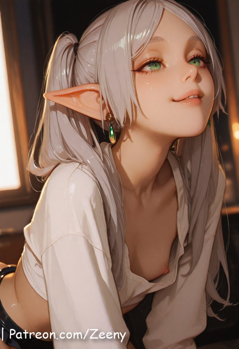 ai generated, anus, ass, blush, breasts, earrings, elbow gloves, elf, female, frieren, green eyes, hi res, indoors, light skin, lips, long hair, looking at viewer, naked, nude, open eyes, patreon, patreon link, patreon url, patreon username, pointy ears, pussy, round ass, self upload, shiny skin, silver hair, smile, solo, sousou no frieren, sweat, tagme, thick thighs, thighhighs, thighs, twintails, uncensored, upper body, white hair