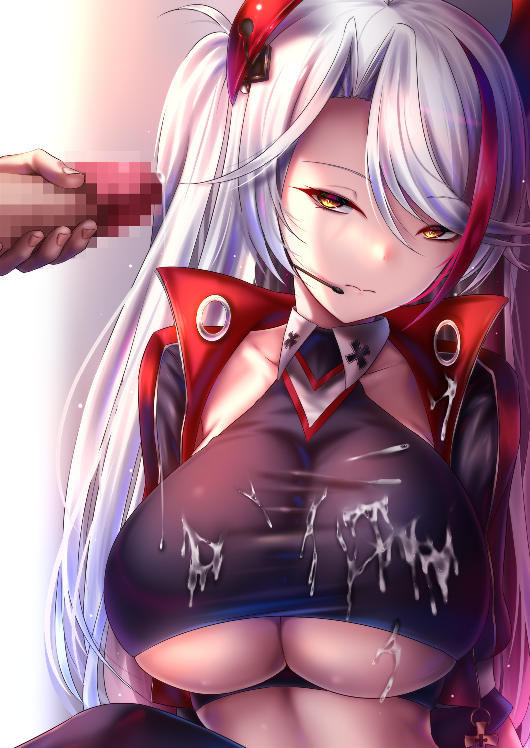 1boy, akeyama kitsune, azur lane, breasts, censored, cg, closed mouth, crop top, cum, cum on body, cum on breasts, cum on clothes, earpiece, female, headgear, jacket, large breasts, long hair, looking at viewer, male, male masturbation, masturbation, mosaic censoring, multicolored hair, official alternate costume, open clothes, open jacket, penis, prinz eugen (, prinz eugen (azur lane), race queen, red hair, solo focus, straight, streaked hair, two side up, two-tone hair, underboob, underboob cutout, upper body, white hair, yellow eyes