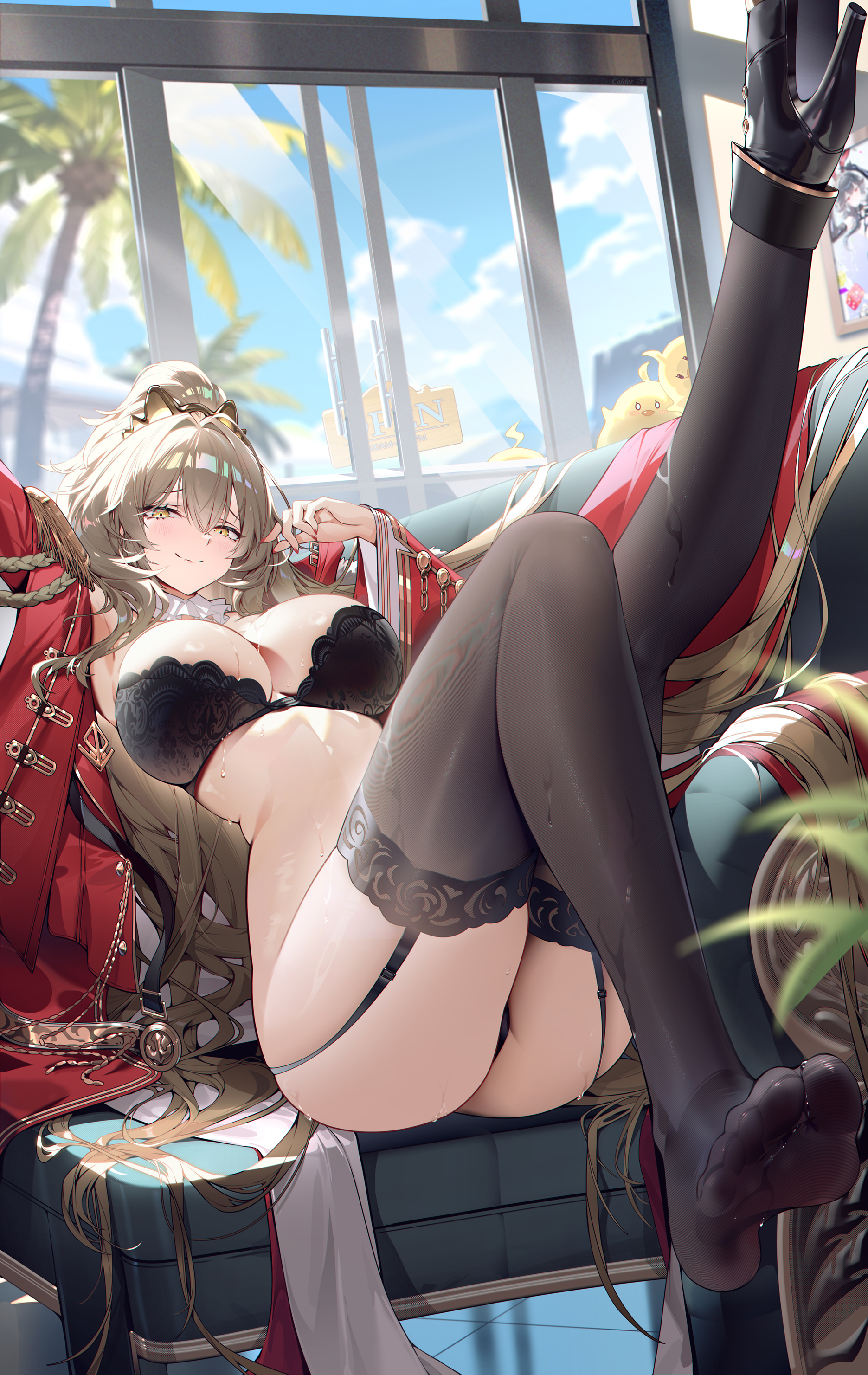 arm up, armpits, ass, azur lane, black bra, black footwear, black panties, black thighhighs, blue sky, blush, bra, breasts, brown eyes, brown hair, cg, cleavage, closed mouth, cloud, day, feet, female, garter straps, high heels, indoors, jacket, large breasts, leg up, legs, lion (azur lane), long hair, long sleeves, looking at viewer, mole, no shoes, open clothes, open jacket, palm tree, panties, ponytail, red jacket, sitting, sky, smile, soles, solo, thighhighs, thighs, toes, tree, underwear, very long hair, wet, yellow eyes