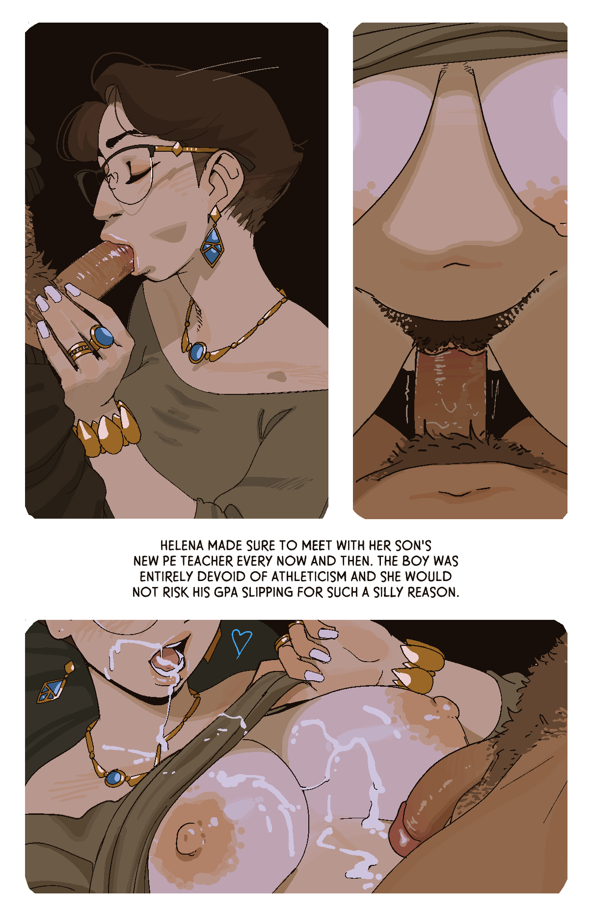 1boy, 1boy1girl, 1girls, 2025, 2d, after sex, areolae, big breasts, blowjob, breasts, breasts out, brown hair, brown theme, brown-haired female, cheating, cheating wife, comic, cum, cum in mouth, cum on breasts, cum outside, dark skin, dark-skinned male, duo, english text, fellatio, female, female pubic hair, glasses, grade prostitution, hairy, hairy pussy, human, incase, interracial, jewelry, large areolae, large breasts, light skin, light-skinned female, male, male pubic hair, mature female, medium penis, milf, multiple positions, multiple rings, necklace, nipples, no bra, oral, original, partial male, penis, pov, pubic hair, ring, sagging breasts, sex, short brown hair, short hair, solo focus, story, story in picture, straight, tan-skinned male, teacher and student's mother, teacher male, vaginal penetration, vaginal sex, wedding ring, white nails