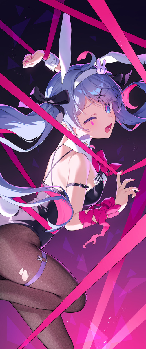 1girl, ahoge, animal ears, arm strap, bangs, bare shoulders, big ass, big breasts, black bow, black leotard, blue eyes, blue hair, bound, bow, bowtie, breasts, brown pantyhose, bunny ears, bunny girl, bunny tail, bunnysuit, detached collar, embarrassed, facial mark, fake animal ears, female, from side, hair bow, hair ornament, hairband, hatsune miku, huge thighs, leg up, leotard, long hair, looking at viewer, nail polish, one eye closed, open mouth, pantyhose, pink, pink background, pink bow, pink eyes, pink hair, pink nails, pink ribbon, playboy bunny, purple hair, rabbit ears, rabbit hair ornament, rabbit hole (vocaloid), rabbit tail, ribbon, ripped pantyhose, solo, strapless leotard, tail, thigh strap, thighs, torn clothes, torn pantyhose, twintails, vocaloid, wrist cuffs, x hair ornament