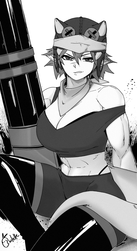 abs anowlette big_breasts breasts dragoon femjohn looking_at_viewer minigun monochrome pointy_ears scarf smirk tail thicc_thighs