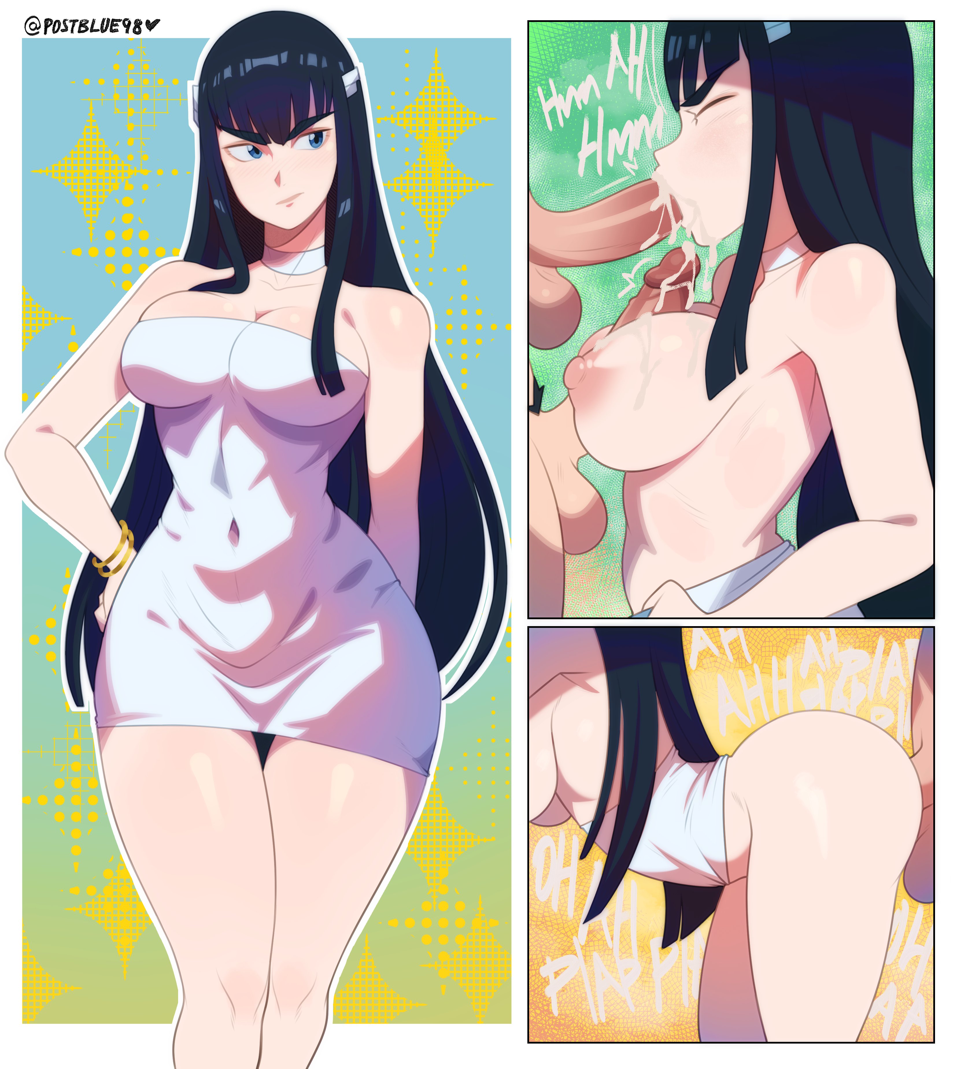 1girls, 2boys, ass, black hair, black-haired female, blowjob, blue eyes, breasts, disembodied penis, dress, female, kill la kill, kiryuuin satsuki, large ass, large breasts, light skin, light-skinned female, light-skinned male, linea alba, long hair, male, mmf threesome, no panties, paizuri, penis, postblue98, sex, titfuck, titjob, uncensored