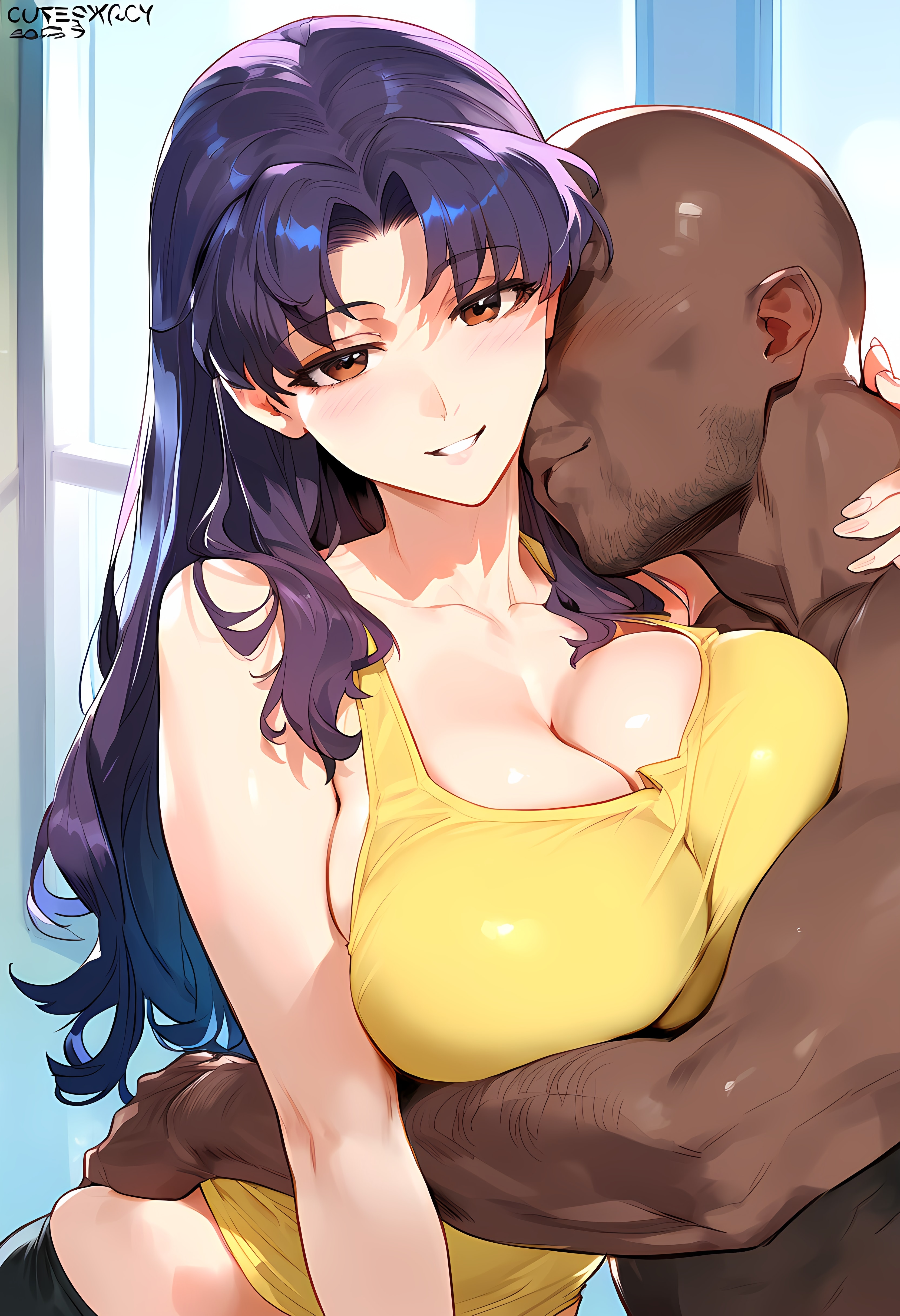 1boy, 1girls, ai generated, bald, bangs, bare shoulders, blue hair, blush, breast press, breasts, brown eyes, clavicle, cleavage, clothing, curvy, curvy figure, dark skin, dark-skinned male, facial hair, female, hourglass figure, hug, interracial, large breasts, long hair, looking at viewer, male, masculine male, misato katsuragi, nakatori, neon genesis evangelion, open mouth, parted bangs, purple hair, sitting, smile, straight, tank top, thighs, voluptuous, voluptuous female, window, yellow shirt, yellow tank top