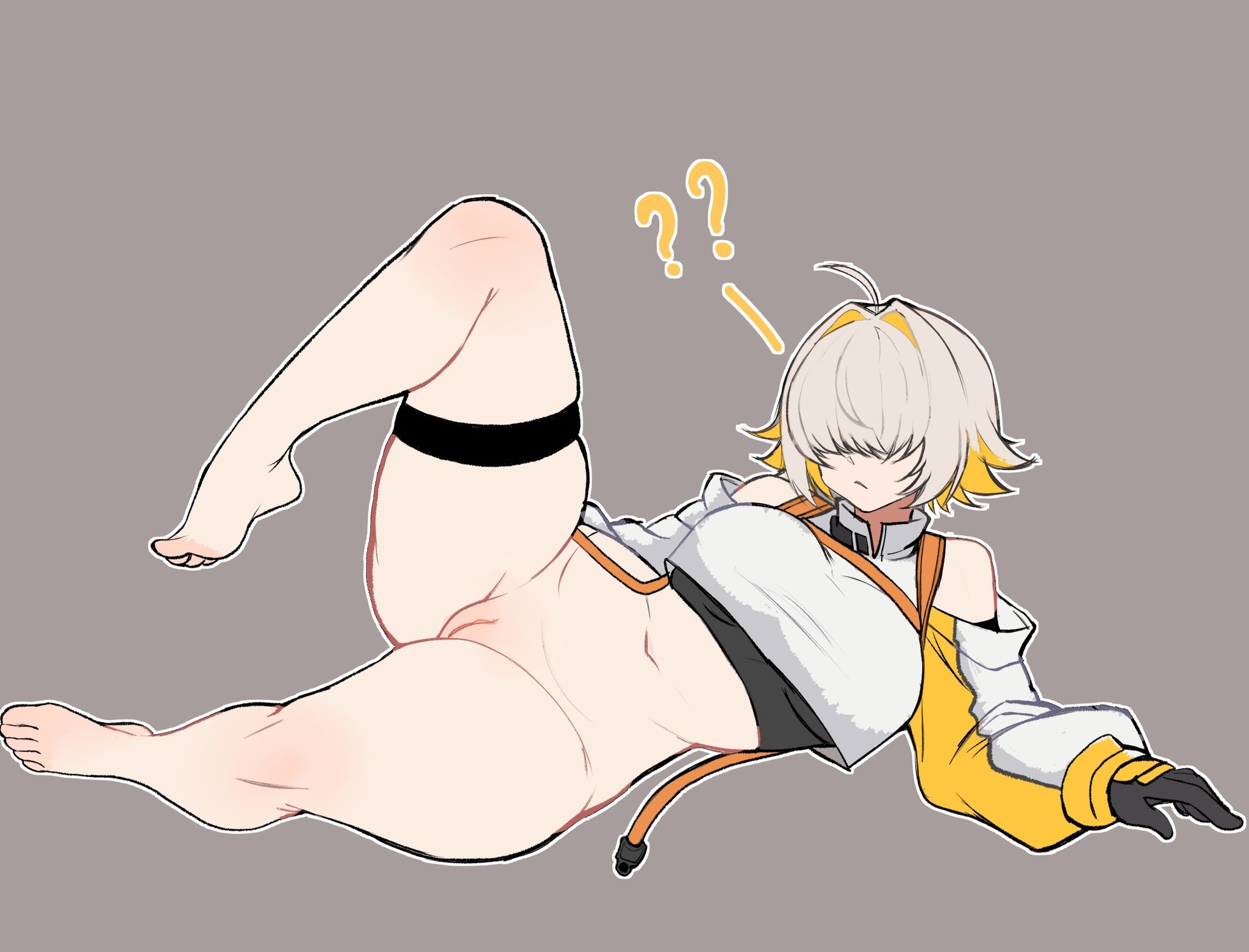 ??, 1girls, 2d, bare shoulders, bottomless, bottomless female, breasts, elegg (nikke), female, female only, full body, gloves, goddess of victory: nikke, hair over eyes, light skin, light-skinned female, maidcousin, no panties, on side, pale skin, pale-skinned female, pussy, short hair, simple background, solid color background, solo, spread legs, tagme, thigh strap