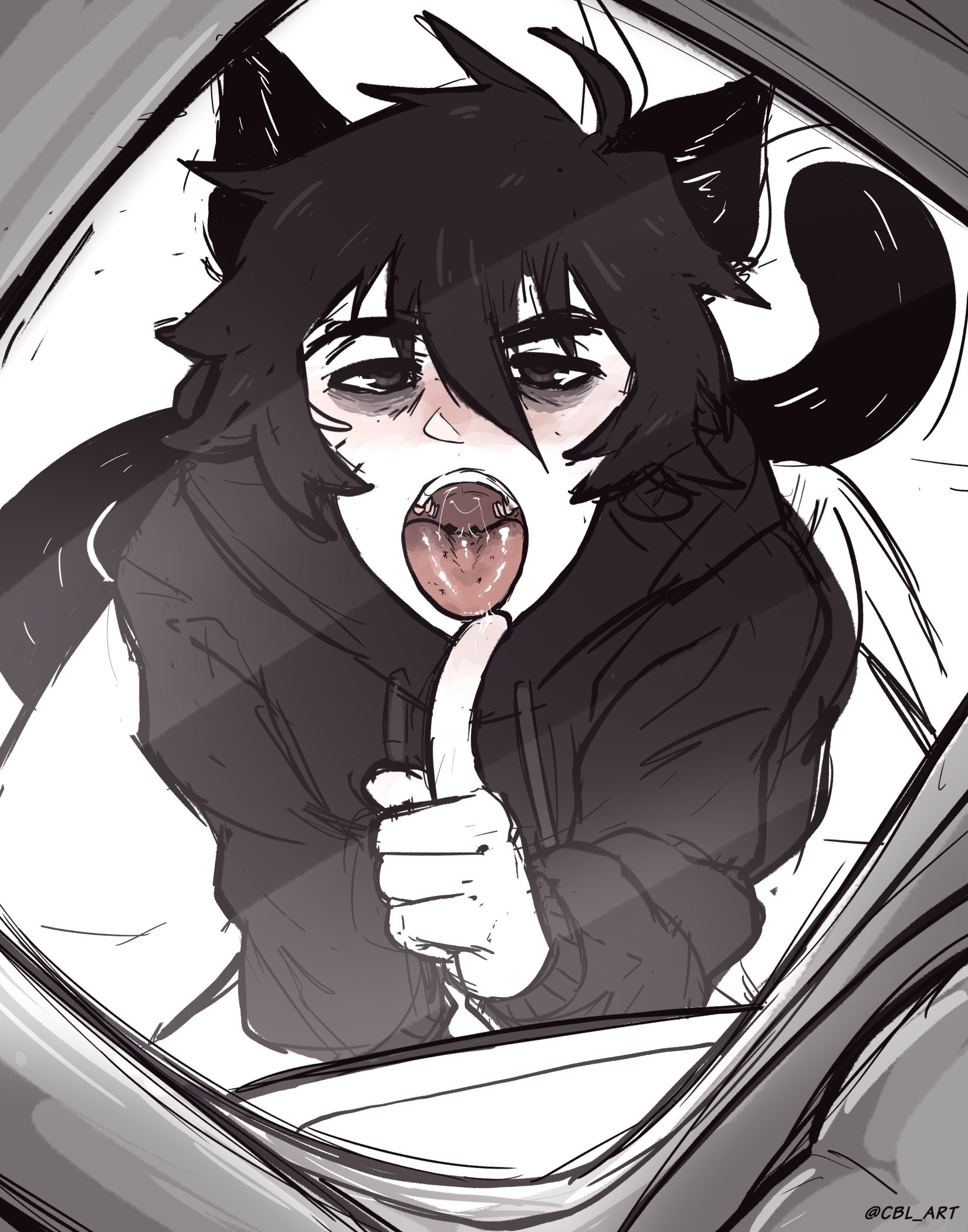 black hair, cat boy, catboy, cbl art, doomer boy, giant, hoodie, male, male only, open mouth, sketch, suggestive, tongue, tongue out, window, wojak comics