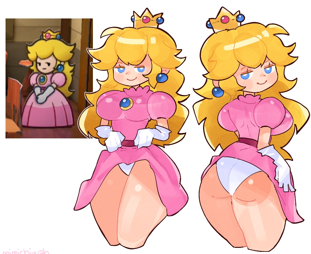 1girls 2024 blonde_hair blue_eyes crown dress dress_lift earrings female female_only gloves long_hair mario_(series) markings mimichiwah nintendo panties paper_mario paper_peach princess_peach smile smug_face tagme white_background white_gloves white_panties