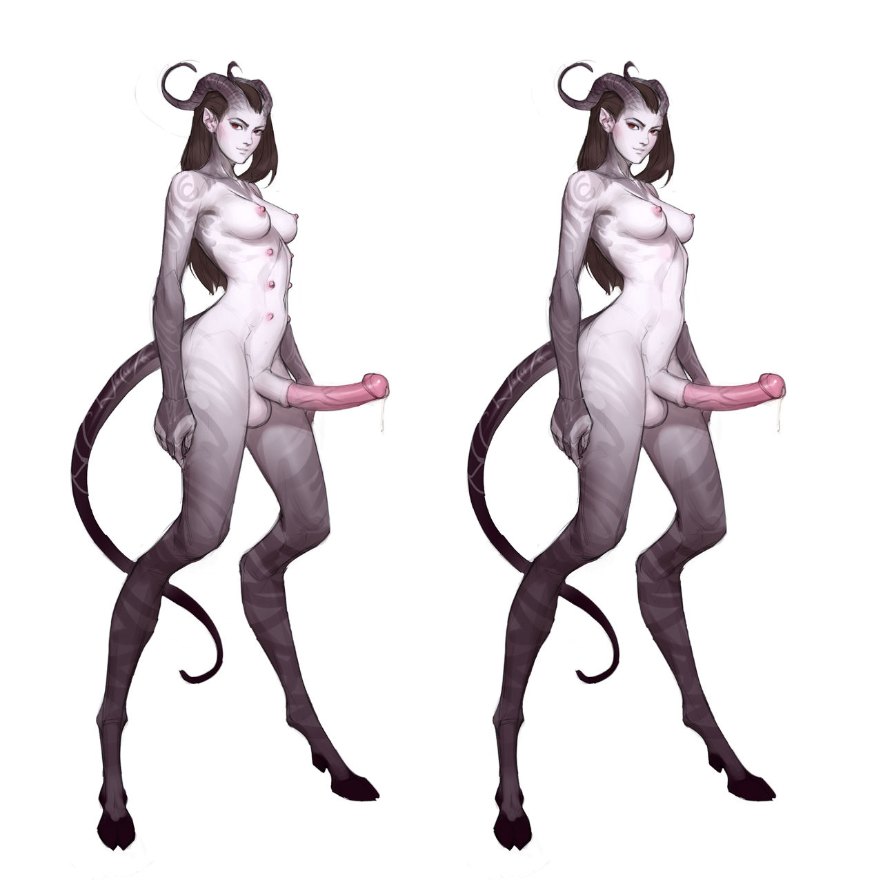 1futa, animal genitalia, animal penis, areolae, balls, black hair, breasts, demon, demon girl, demon horns, demon tail, demoness, dickgirl, dripping, equine penis, erect nipples, erect penis, erection, female, futa only, futanari, grey skin, hooves, horns, horse penis, horsecock, hourglass figure, intersex, long hair, long penis, looking at viewer, medium breasts, mistveil, multi nipple, nipples, nude, penis, pink nipples, pointy ears, precum, precum drip, precum string, red eyes, slim waist, tail, tarakanovich, wide hips