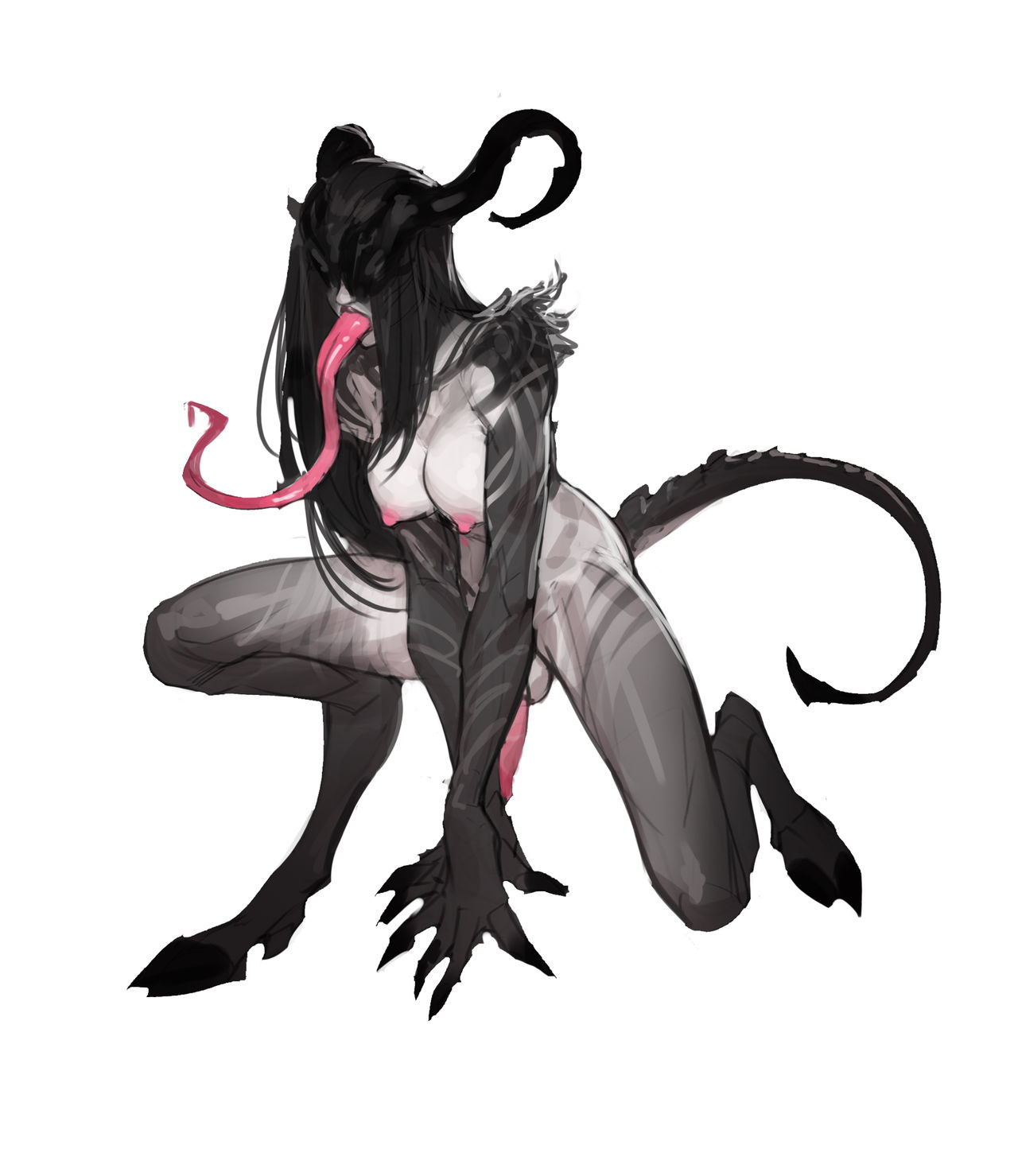 1futa, areolae, balls, big breasts, black arms, black hair, black legs, black lips, breasts, claws, covered eyes, covered penis, demon, demon futa, demon girl, demon horns, demon tail, demoness, dickgirl, erect nipples, erection, female, futa only, futanari, hooves, horn, intersex, long hair, long tongue, mistveil, nipples, nude, penis, pink nipples, pink penis, tarakanovich