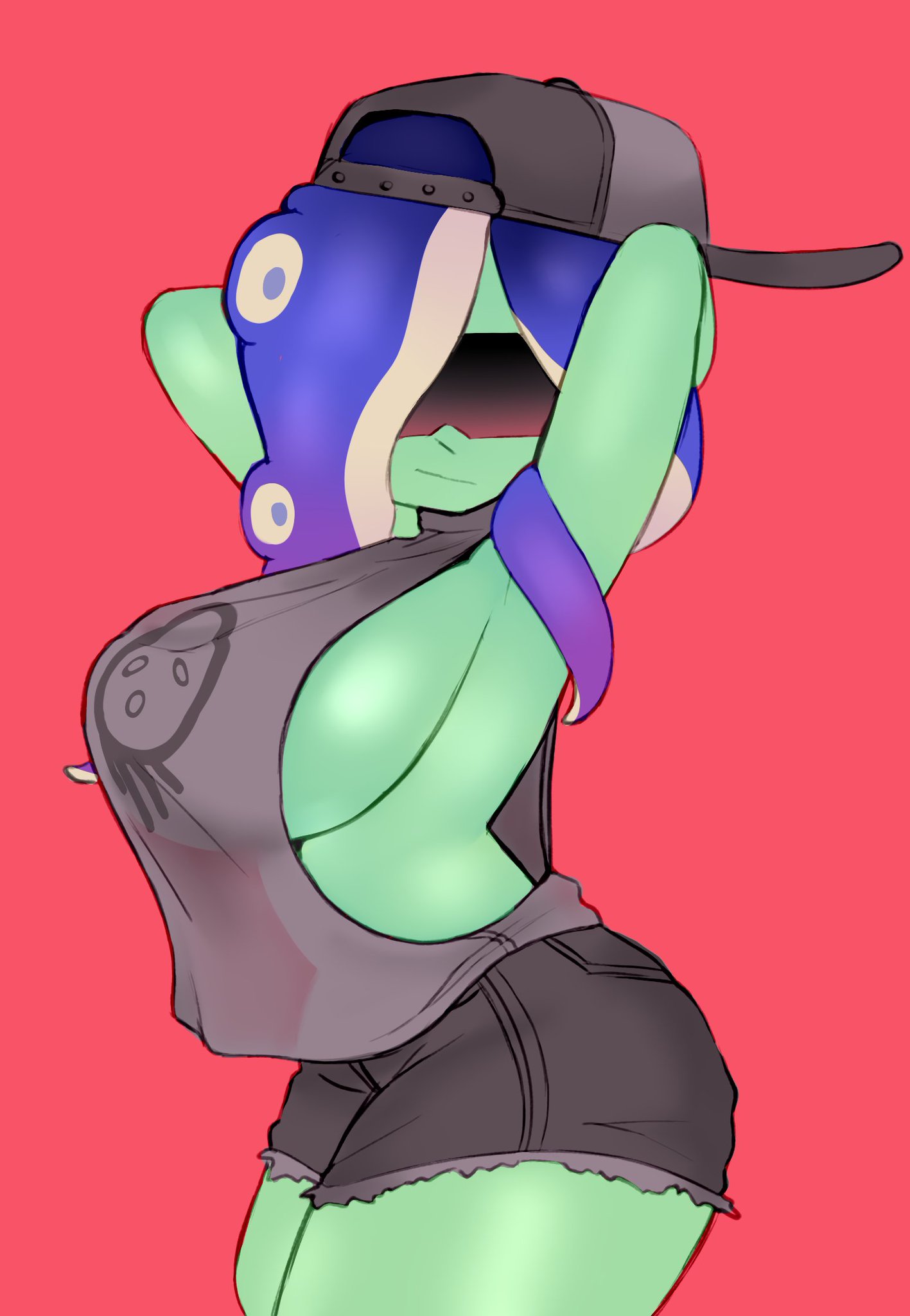 acht (splatoon), breasts, dedf1sh, female, green skin, large breasts, nintendo, sideboob, splatoon, splatoon (series), splatoon 3, splatoon 3: side order, tagme, tinted eyewear, vespbee