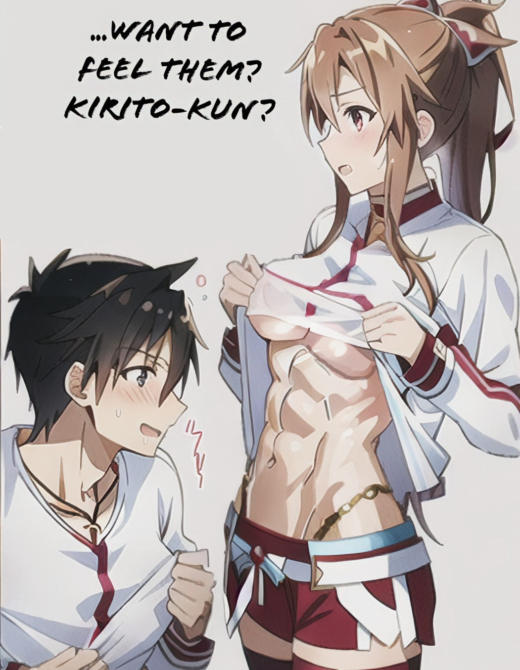 1boy 1girls abs ai_generated drooling kirito lustful_gaze midriff muscular_female navel shirt_lift sword_art_online yuuki_asuna