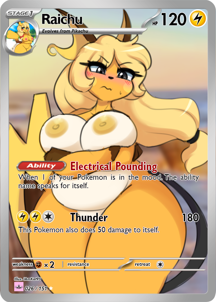 2024 accessory anthro areola barely_visible_genitalia barely_visible_pussy big_breasts blonde_hair blush breasts card card_(medium) crossed_arms eyebrows eyelashes female generation_1_pokemon genitals grey_eyes hair hair_accessory hair_tie i_am_kat95 long_hair looking_at_viewer nintendo nipples nude pokemon pokemon_(species) pokemon_card pokemon_tcg pussy raichu solo thick_thighs trading_card white_body wide_hips yellow_body