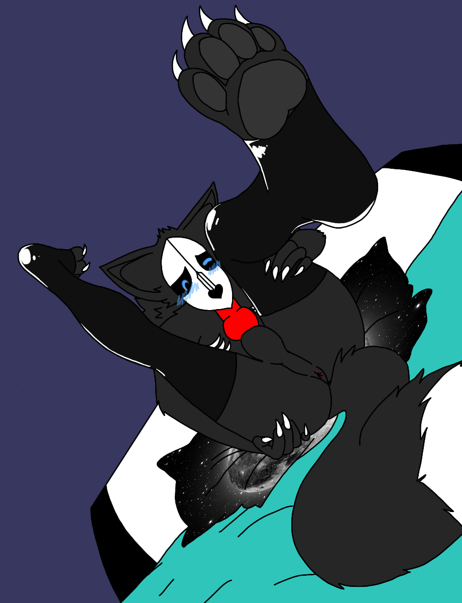 1boy 2d autodeepthroat autofellatio balls bedroom black_fur black_nose black_pawpads blowjob blue_background blue_bed_sheet blue_eyes blushing claws-and-paws cum_in_mouth cute deadtale deep_throat deepthroat ear eye_closed fellatio femboy flexible furry furry_only grabbing_leg grabbing_own_ass grey_eyes huge_ass knotted_penis leather_pants male male_only oral oral_sex pawpads pillow red_penis riskaver riskaver_(artist) self_sucking selfcest solo tail wolf yiff