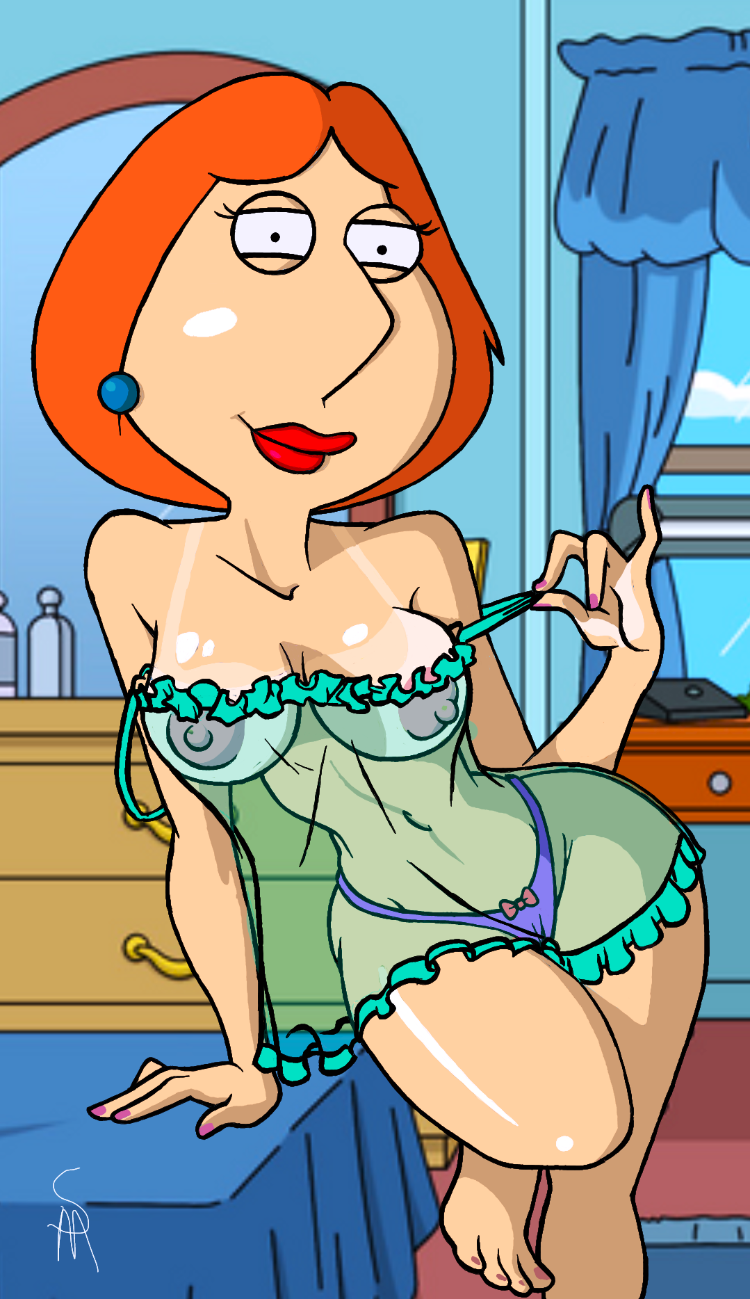 breasts, family guy, female, lois griffin, milf, negligee, nipples, see-through, tanline, thong