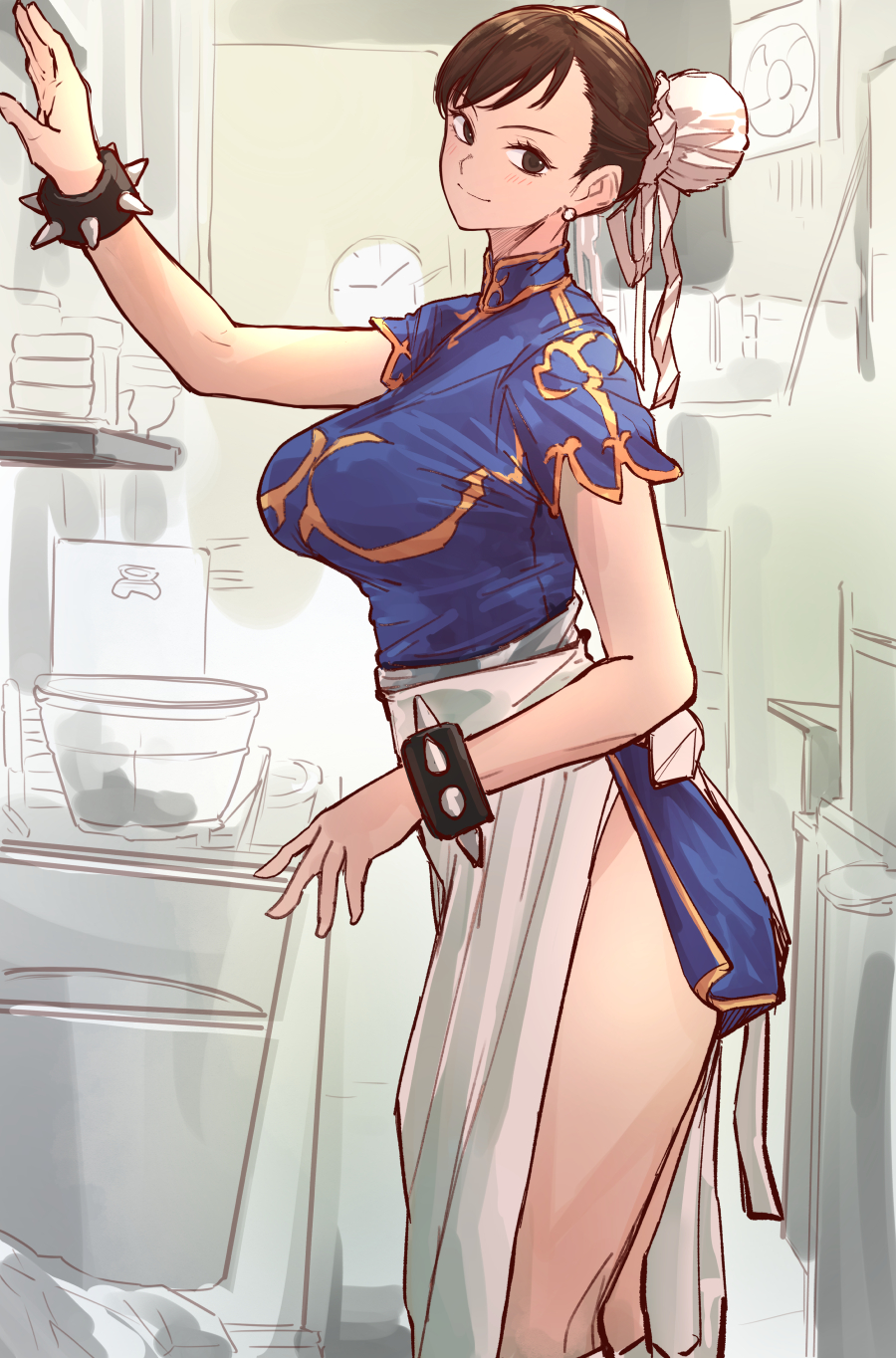 1girls aosora apron asian asian_female big_breasts breasts brown_hair busty capcom chun-li earrings female hair_buns kitchen legs light-skinned_female light_skin spiked_bracelet street_fighter thighs