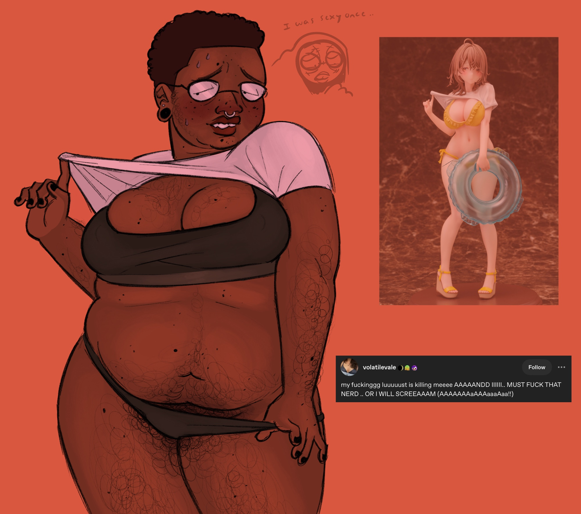 breasts, butch, chubby, chubby female, dark-skinned female, female, genderswap, genderswap (mtf), gf100offline, look outside, lyle (look outside), nose piercing, nose ring, pubic hair, pulling panties, solo, strip tease, underwear