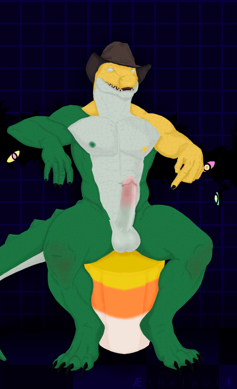 aethelwulf anthro balls candy candy_corn clothing crocodile crocodilian crocodylid dessert digitigrade erection food genitals glitch_productions green_body gummigoo_(the_amazing_digital_circus) hat headgear headwear hi_res male male_only manly markings muscular muscular_male nipples outback penis reptile scale_markings scales scalie solo the_amazing_digital_circus yellow_body