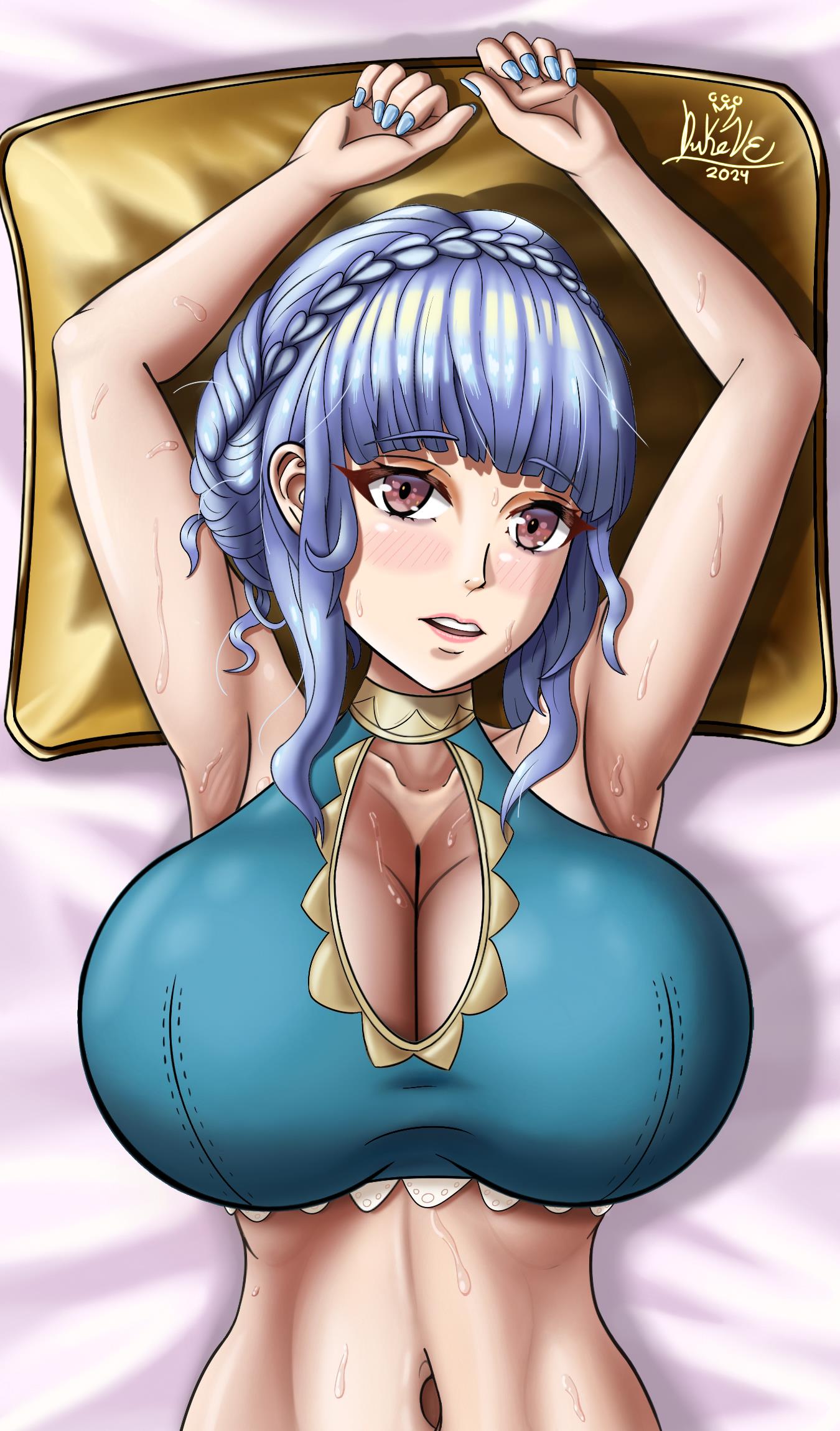 1girls alternate_costume armpits arms_up bare_arms bare_midriff bed bikini blue_bikini blue_hair blue_nails blue_swimsuit braid breasts brown_eyes choker cleavage duke_von_e-sex female female_only fire_emblem fire_emblem:_three_houses fire_emblem_heroes highres huge_breasts light_blue_hair looking_at_viewer marianne_von_edmund marianne_von_edmund_(summer) midriff nail_polish navel nintendo official_alternate_costume on_back on_bed open_mouth pillow short_hair sidelocks solo sweat sweaty swimsuit upper_body