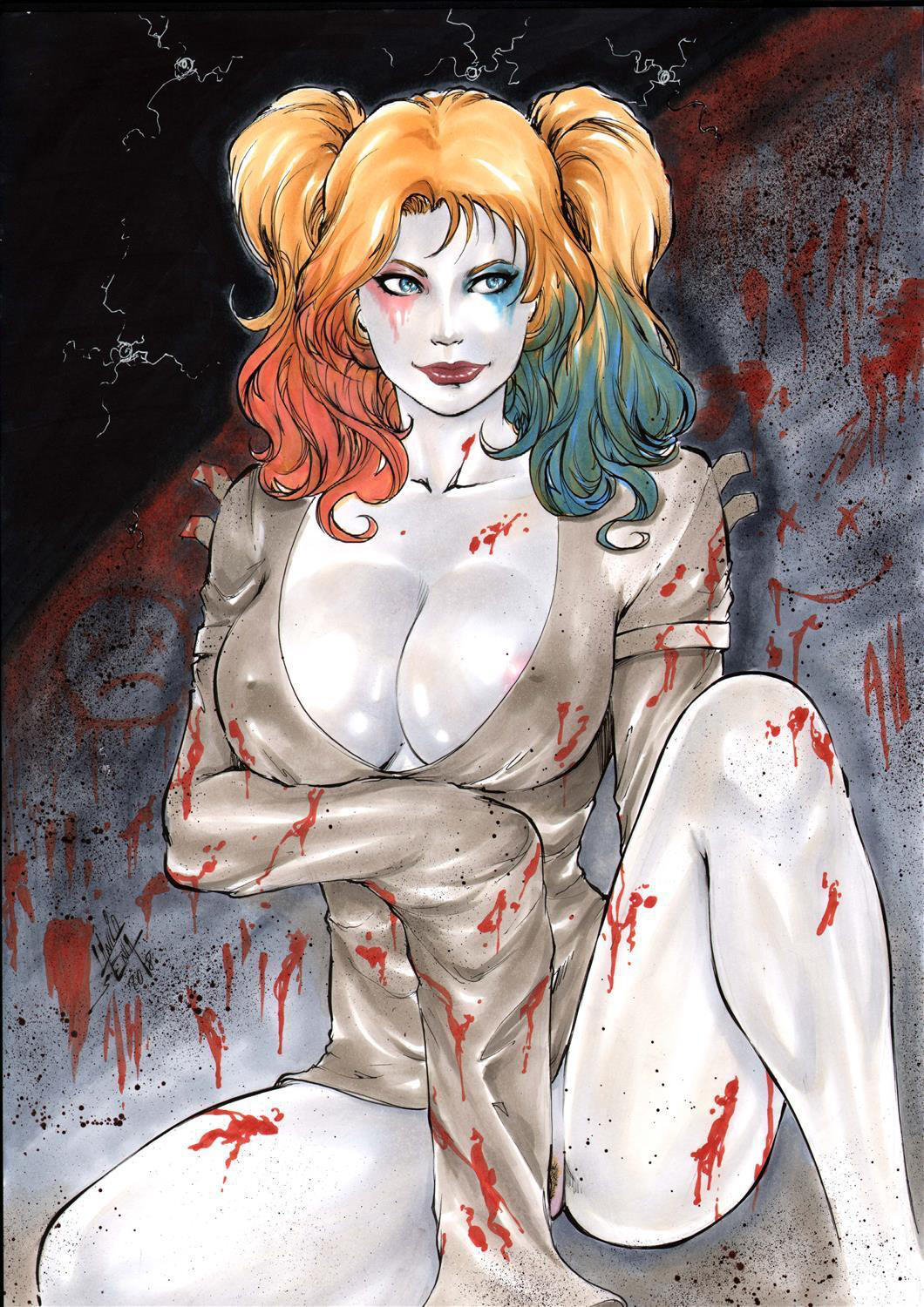 big_breasts blonde_hair cleavage harley_quinn labia lanio_sena makeup pale_skin