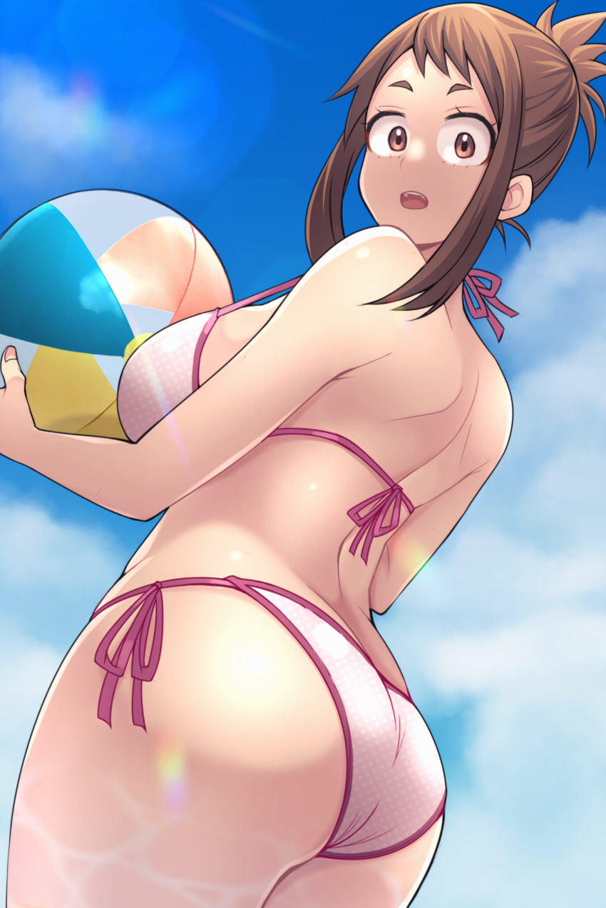 1girls, ass, beach ball, big ass, big breasts, bikini, breasts, brown eyes, brown hair, brown-haired female, female, female only, kobaji, looking at viewer, my hero academia, ochako uraraka, solo, solo female, thick thighs