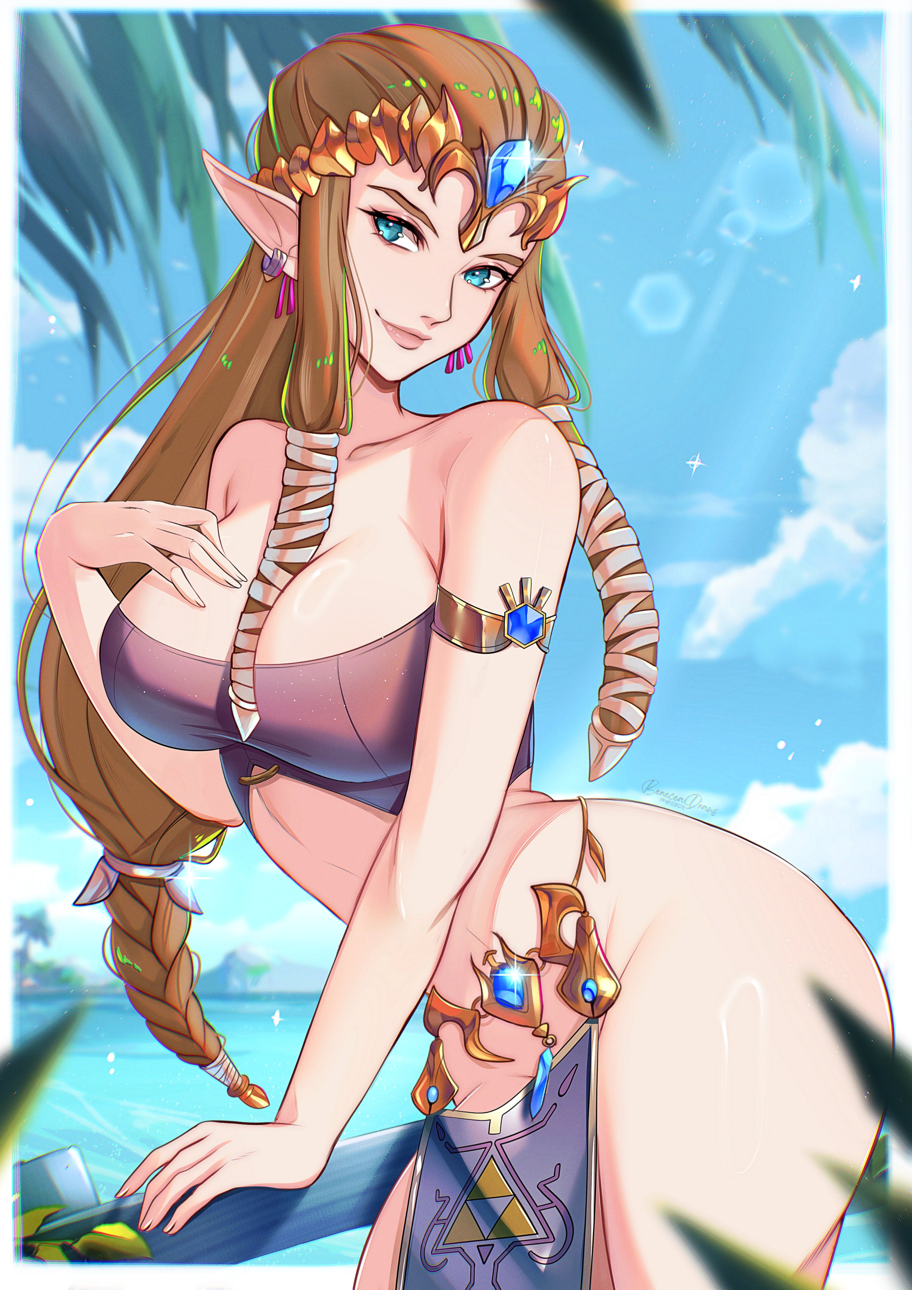 beach, beneceadraws, blue eyes, breasts, brown hair, female, female only, long hair, no panties, pointy ears, princess zelda, solo, tagme, the legend of zelda, the legend of zelda: twilight princess, twilight princess, zelda (twilight princess)