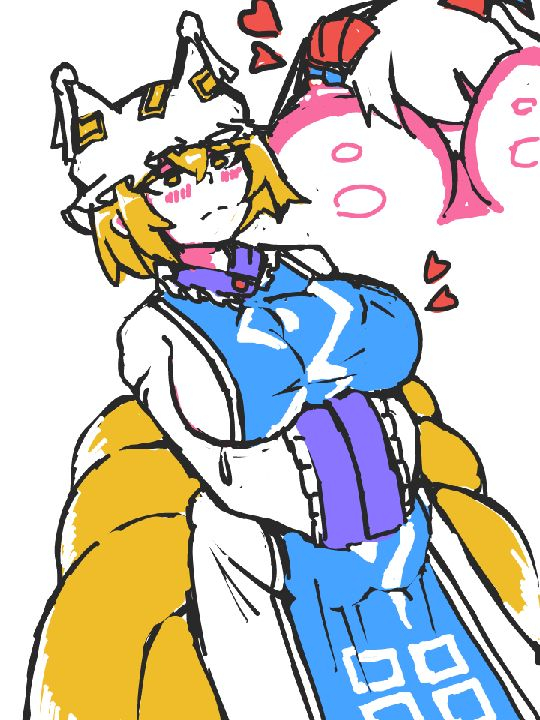 2girls between_breasts big_ass big_breasts clothed clothing female female_only fox fox_ears fox_girl fox_tail goat_demon goat_girl goat_horns hidden hidden_sex imminent_rape imminent_sex jail_7 kitsune multiple_girls ran_yakumo shared_clothes stand_and_carry_position touhou under_clothes yuri yuuma_toutetsu