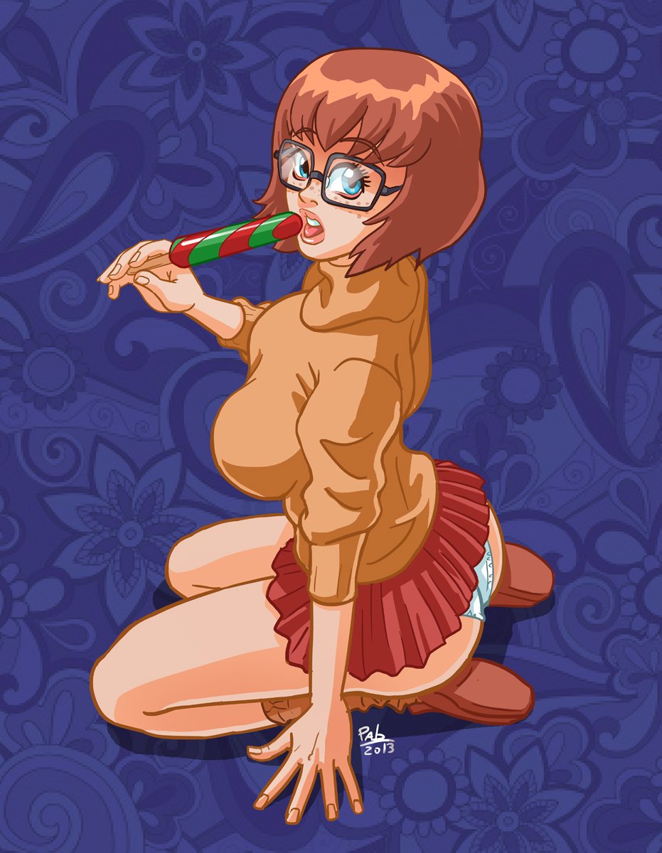 1girls big_breasts breasts glasses hanna-barbera hourglass_figure kneeling microskirt miniskirt pablocomics panties scooby-doo short_skirt skirt velma_dinkley